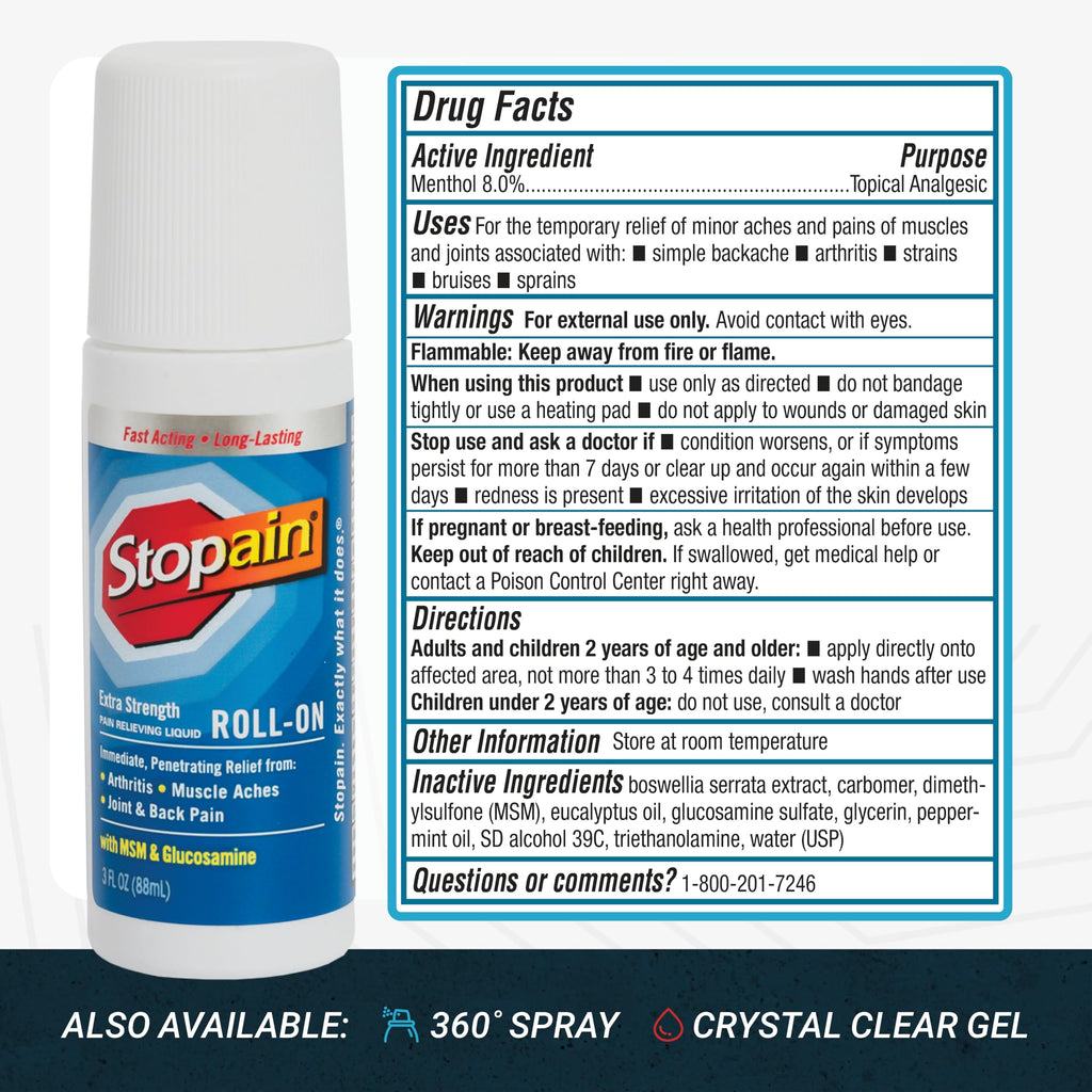 Stopain Pain Relief Roll On Gel 3oz, USA Made, Max Strength Fast Acting with MSM, Glucosamine, Menthol for Arthritis, Lower Back, Knee, Neck, HSA FSA Approved OTC Topical Analgesic Products Stopain Au supplements