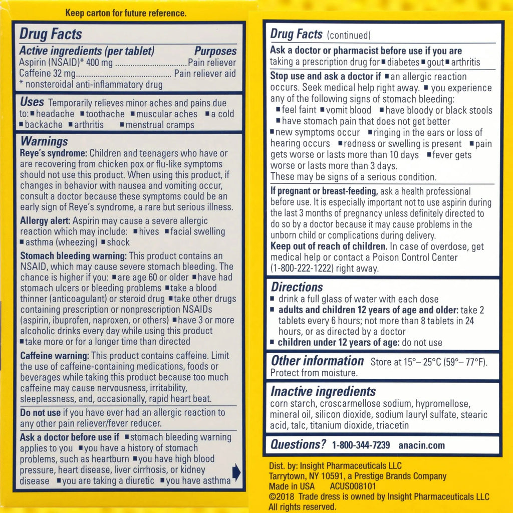 Anacin Aspirin & Caffeine Fast Pain Relief, Eases Minor Aches and Pains Due to Headache, Muscle Aches & Arthritis, 300 Count ANACIN Au supplements