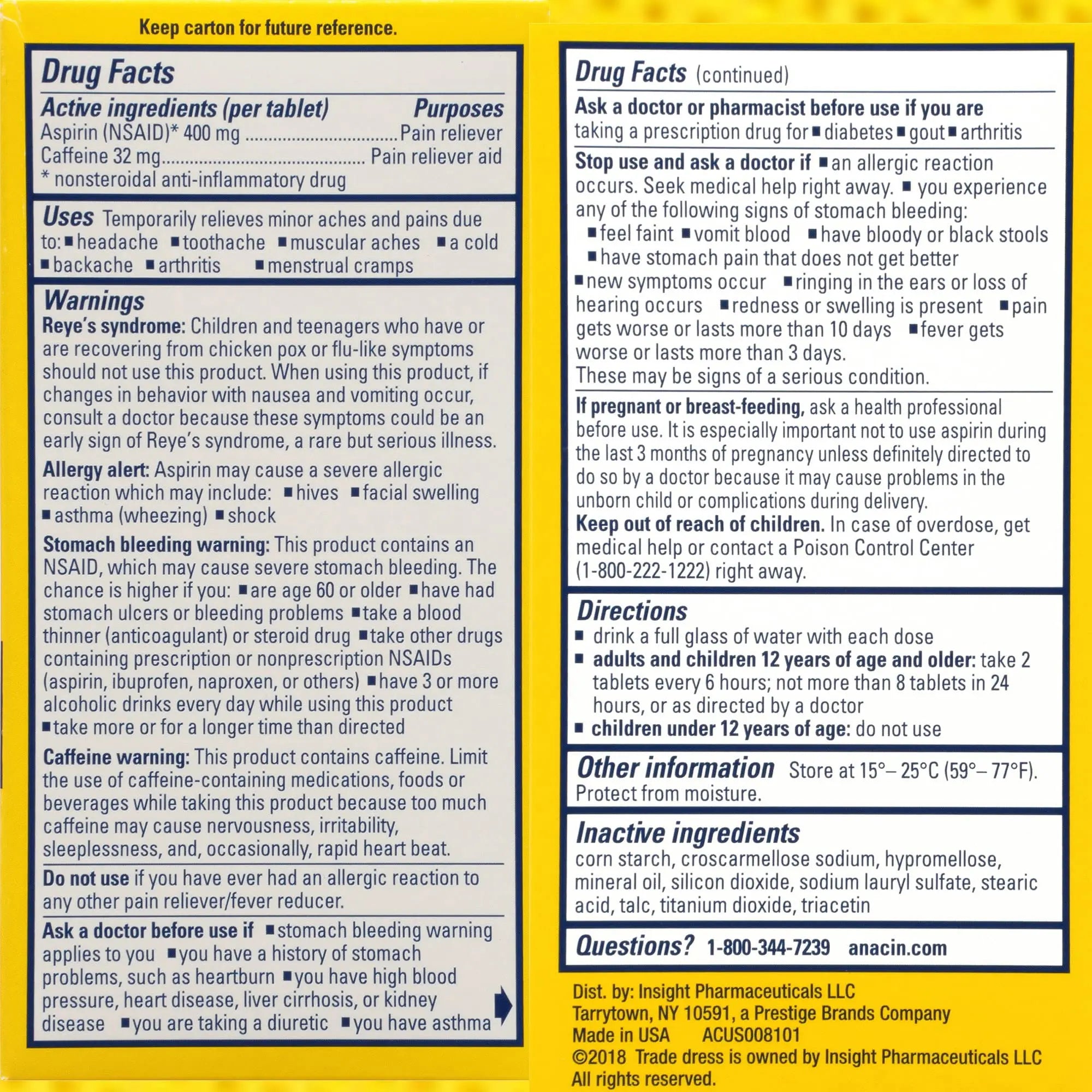 Anacin Aspirin & Caffeine Fast Pain Relief, Eases Minor Aches and Pains Due to Headache, Muscle Aches & Arthritis, 300 Count ANACIN Au supplements