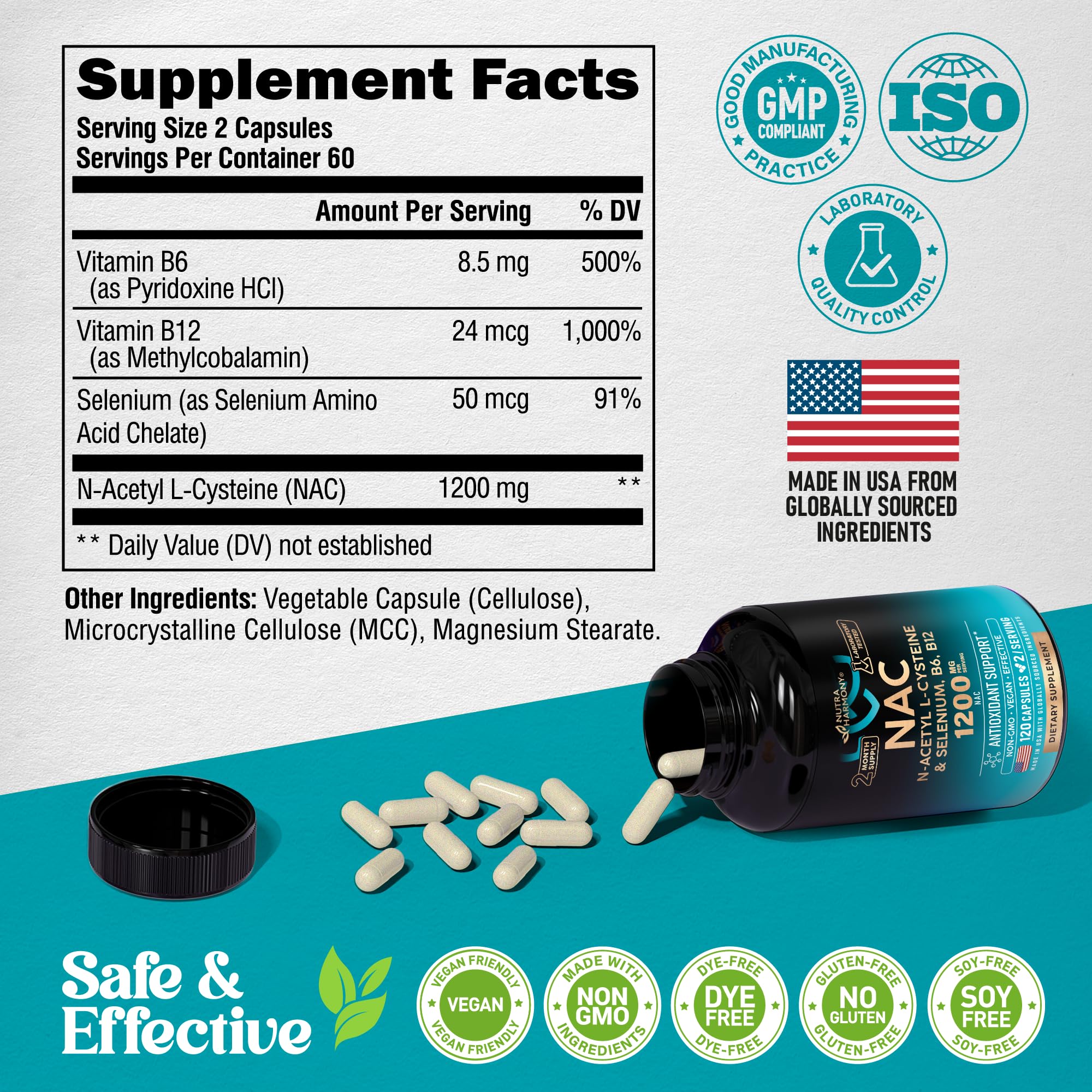 NAC Supplement | Selenium | B6 | B12 - Antioxidant, Immune Support - N Acetyl Cysteine 600 mg per Capsule, 1200 mg per Serving - Made in USA - Non-GMO, Gluten-Free