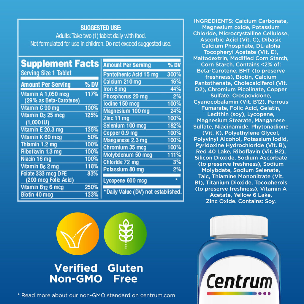 Centrum Multivitamin for Men, Multivitamin/Multimineral Supplement with Vitamin D3, B Vitamins and Antioxidants, Gluten Free