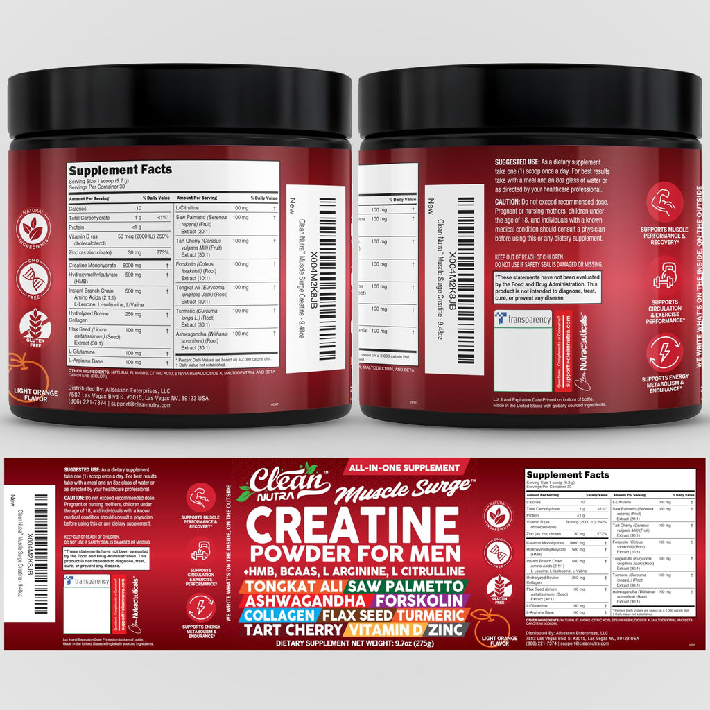 Clean Nutra Creatine Powder for Men + HMB BCAA L Arginine L Citrulline Tongkat Ali Saw Palmetto Ashwagandha Collagen Flax Seed Turmeric Preworkout Stevia