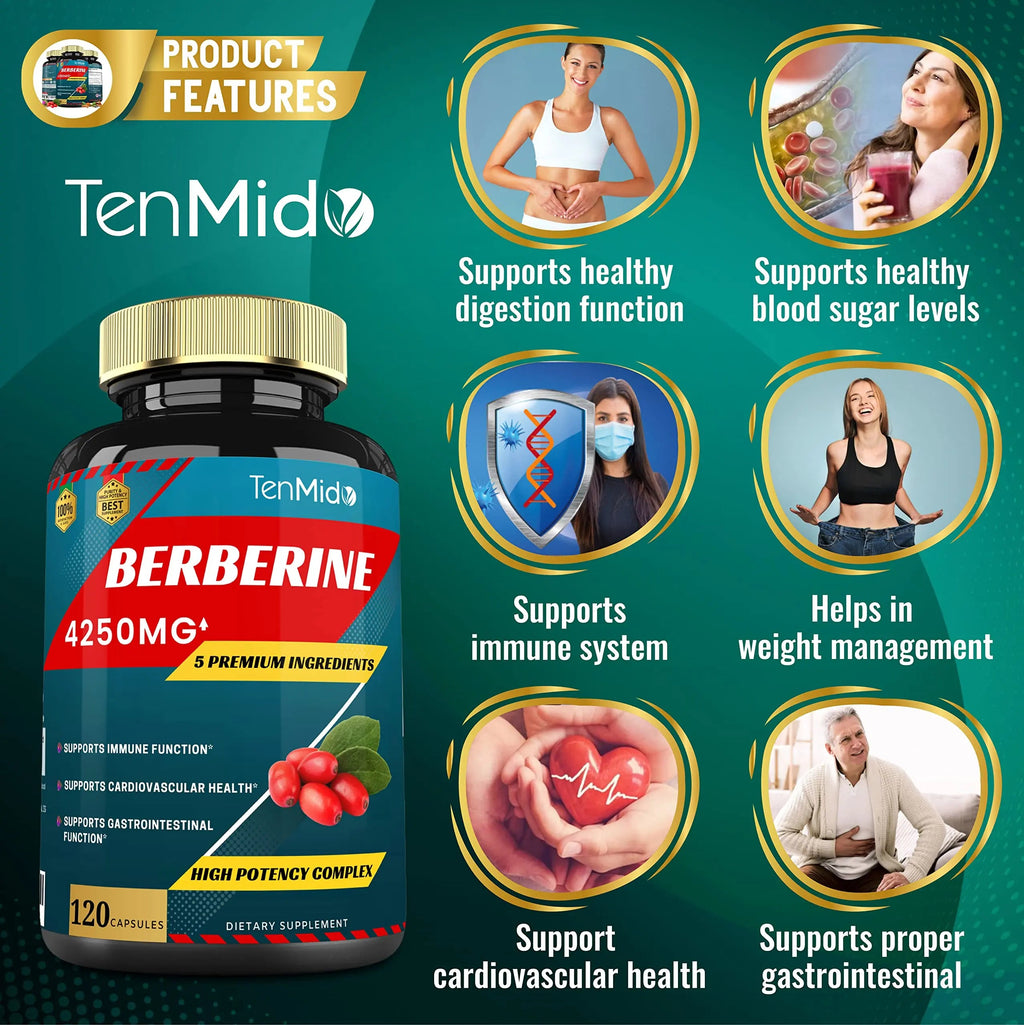 Berberine Extract Capsules 4250mg, 4 Months Supply & Ceylon, Milk Thistle, Turmeric Tenmido Au supplements