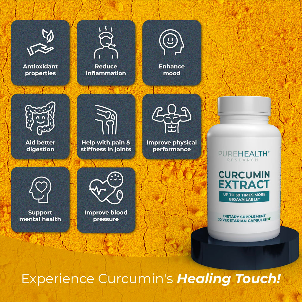 PUREHEALTH RESEARCH Curcumin Extract - High Absorption Turmeric Supplement for Robust Immune Support - Joint Support for Overworked Joints and Muscles - Powered by Curcugen x39 Bioavailable - 1 Bottle PUREHEALTH RESEARCH Au supplements
