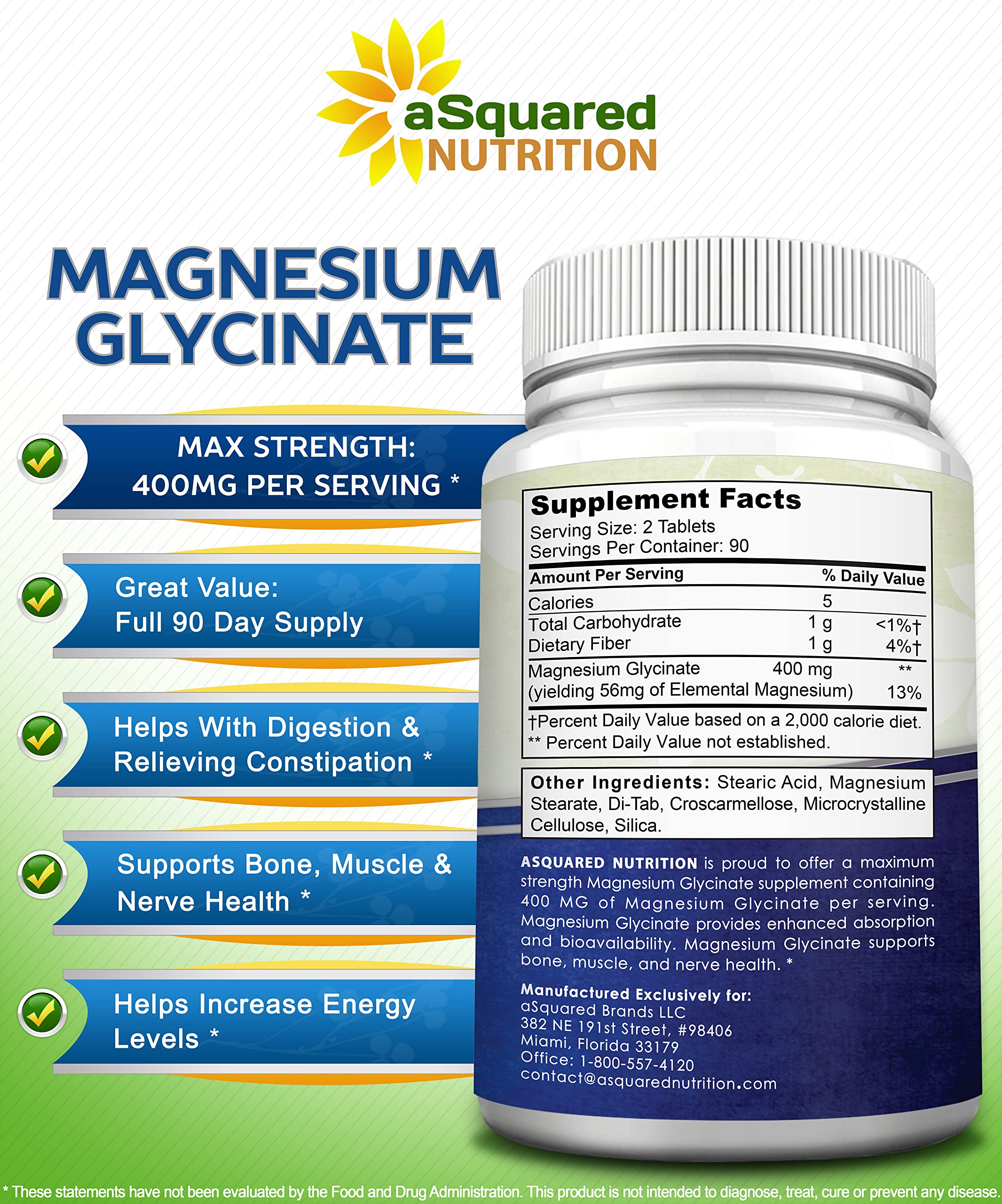 aSquared Nutrition Magnesium Glycinate 400mg - 180 Tablets - Max Strength Magnesium Bisglycinate Supplement -Maximum Bioavailability & Absorption-Non-GMO