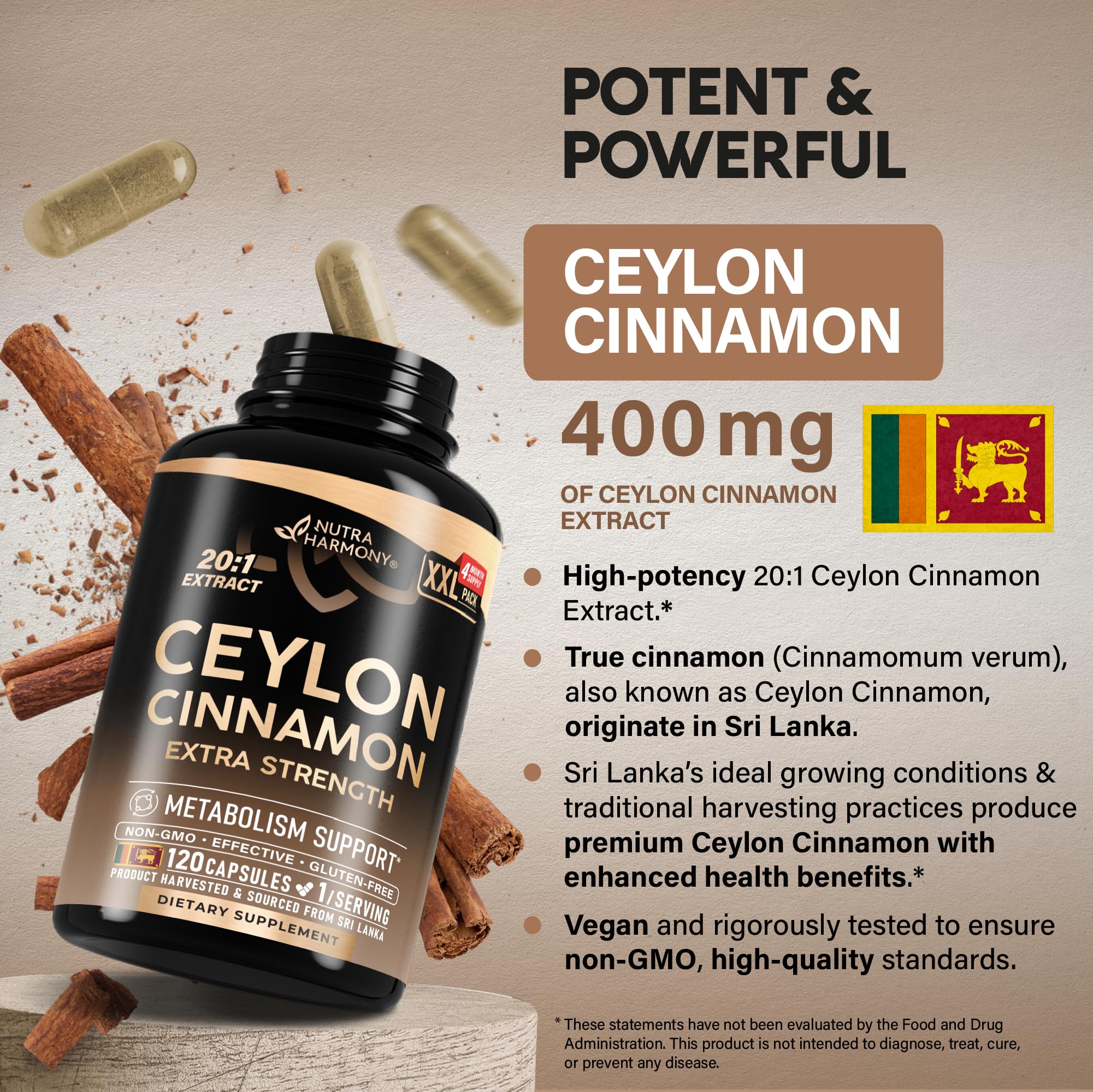 Ceylon Cinnamon Capsules - Extra Strength - Energy, Heart & Metabolism Support - for Men & Women - Pure Natural Extract 20:1 Supplement - Made in USA -