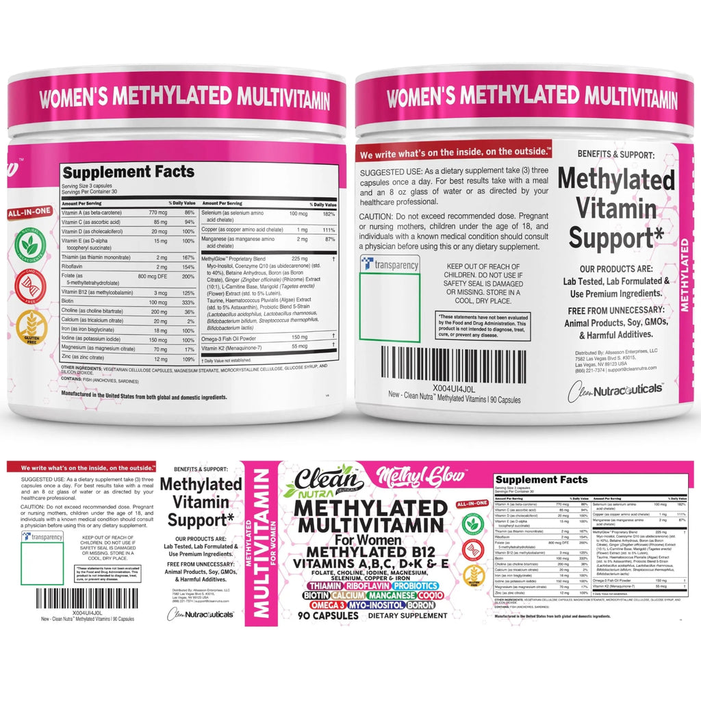 Methylated Multivitamin for Women Vitamins B6 Methyl B12 A B C D K E Folate Choline Omega 3 Thiamine Riboflavin Iron Clean Nutraceuticals Au supplements