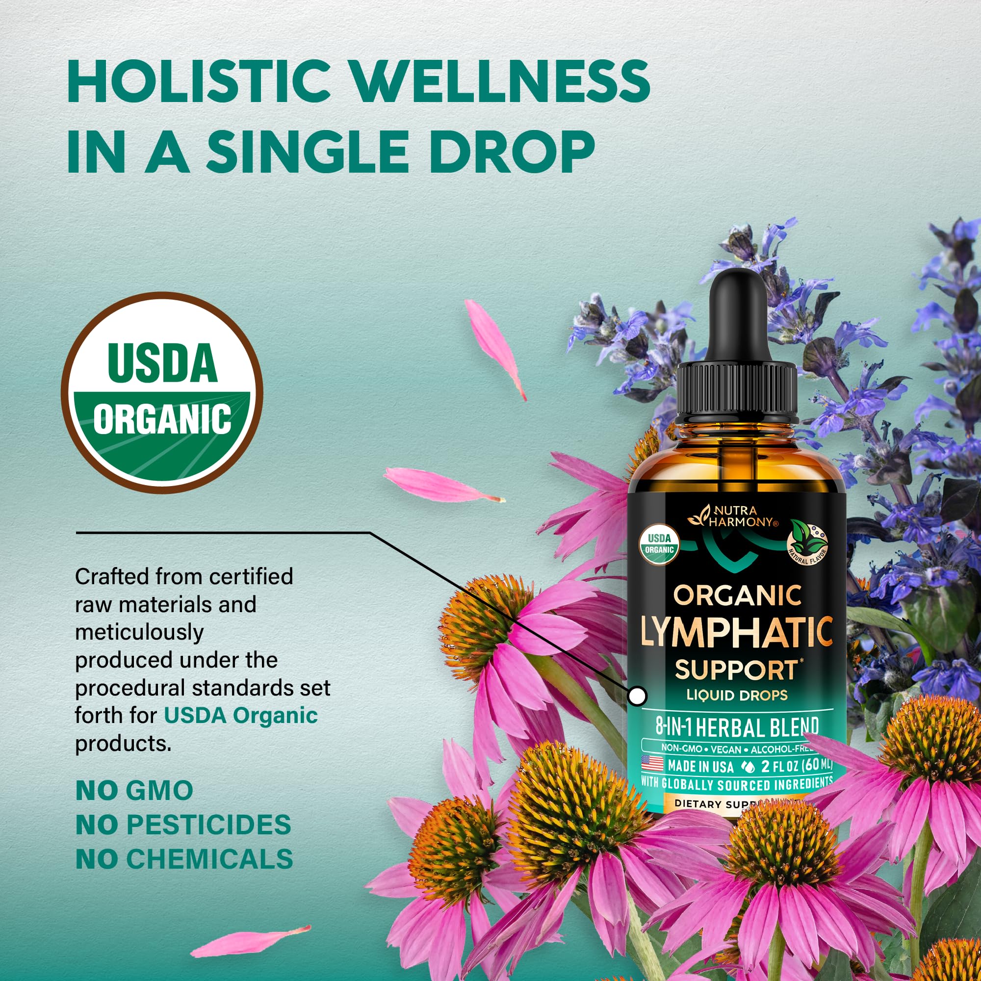 USDA Organic Lymphatic Drainage Supplement - Echinacea | Elderberry | Dandelion | Rosehip | Cleavers | Calendula | Burdock - Made in USA - Lymph System Drops