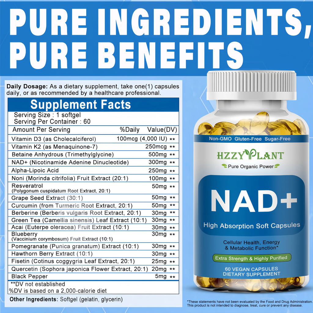 HZZYPLANT NAD+ Supplement, High Absorption NAD Supplements for Women for Cellular Energy Immune Focus Health, NAD Resveratrol Softgel Capsules, NAD Liquid Softgels Supplement, Non-GMO, 2 Month Supply HZZYPLANT Au supplements
