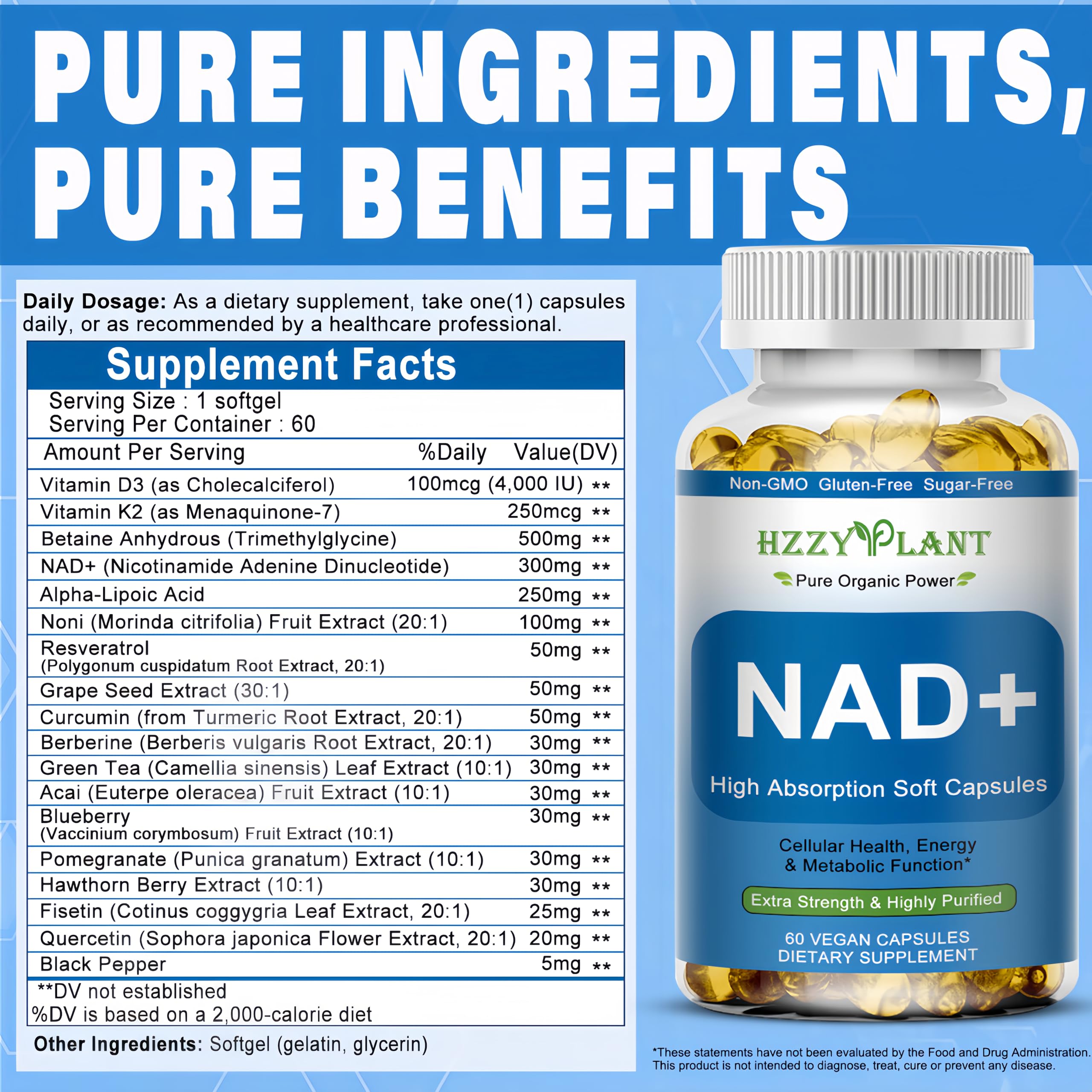 HZZYPLANT NAD+ Supplement, High Absorption NAD Supplements for Women for Cellular Energy Immune Focus Health, NAD Resveratrol Softgel Capsules, NAD Liquid Softgels Supplement, Non-GMO, 2 Month Supply HZZYPLANT Au supplements