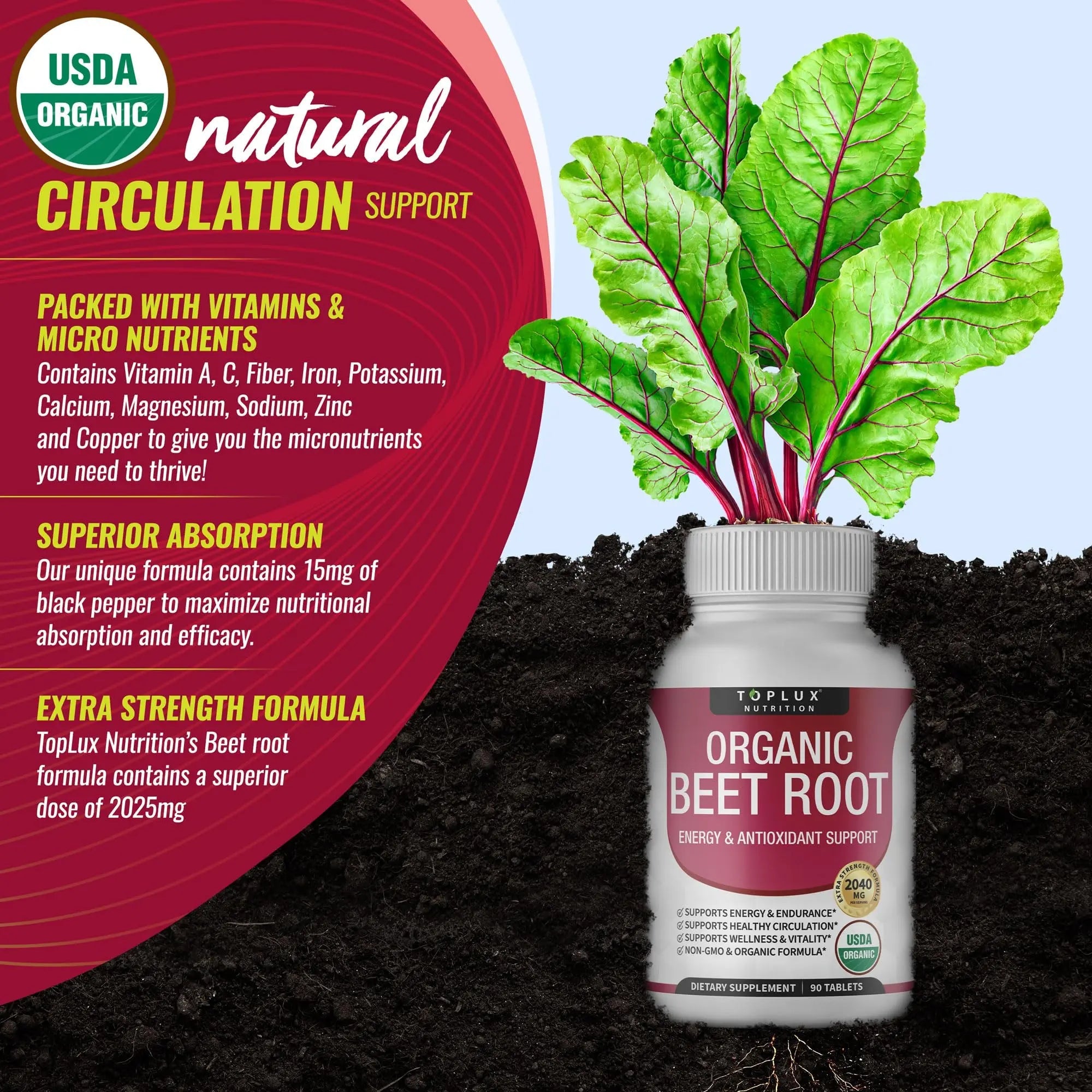 Organic Beet Root Powder Tablets - 2040mg Natural Nitric Oxide Beets to Support, Energy Toplux Au supplements