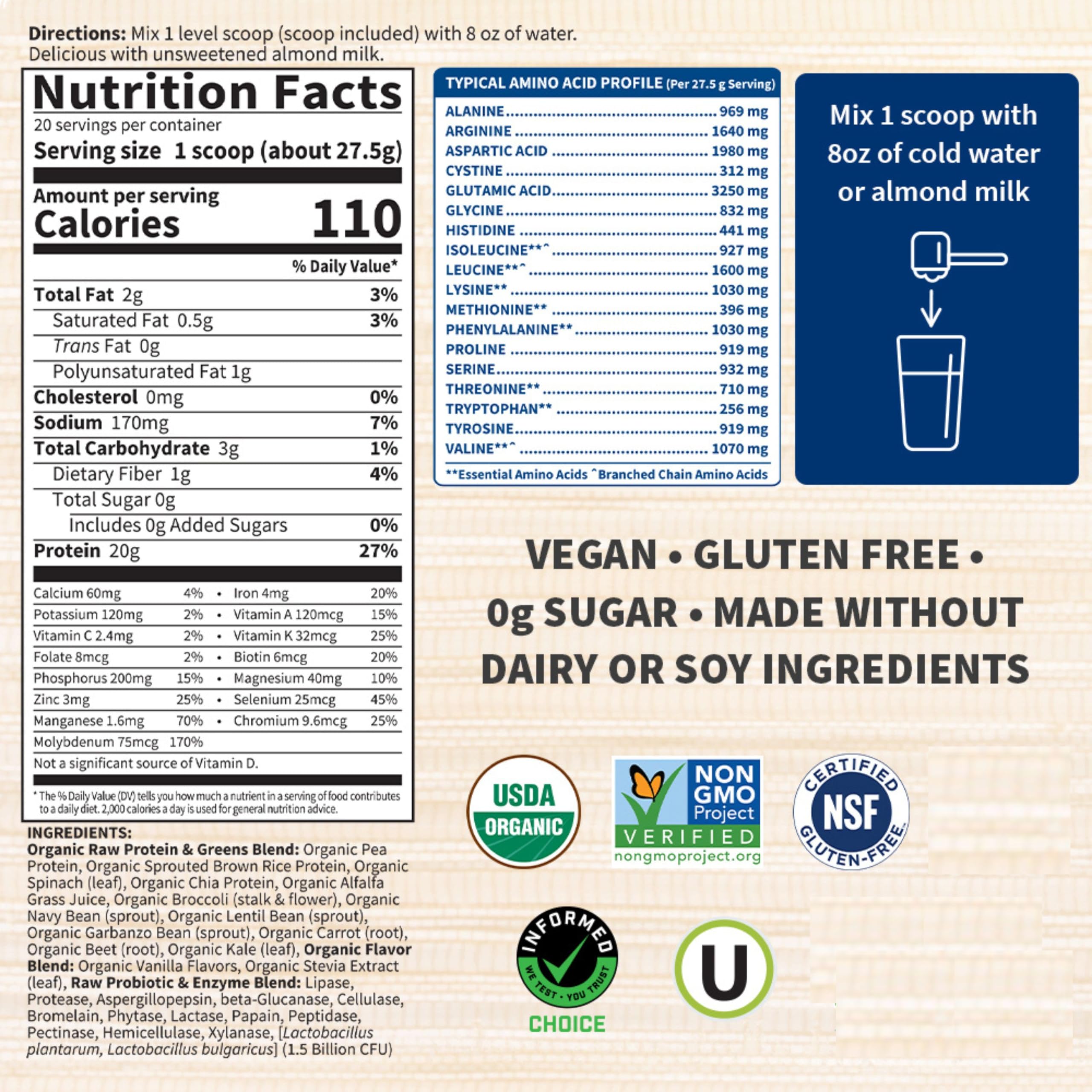 Garden of Life Raw Protein & Greens Vanilla Protein Powder – 20g Plant Based Greens Powder, Probiotics & Enzymes, Post-Workout Recovery, Vegan, Gluten-Free, Non-GMO, 20 Servings