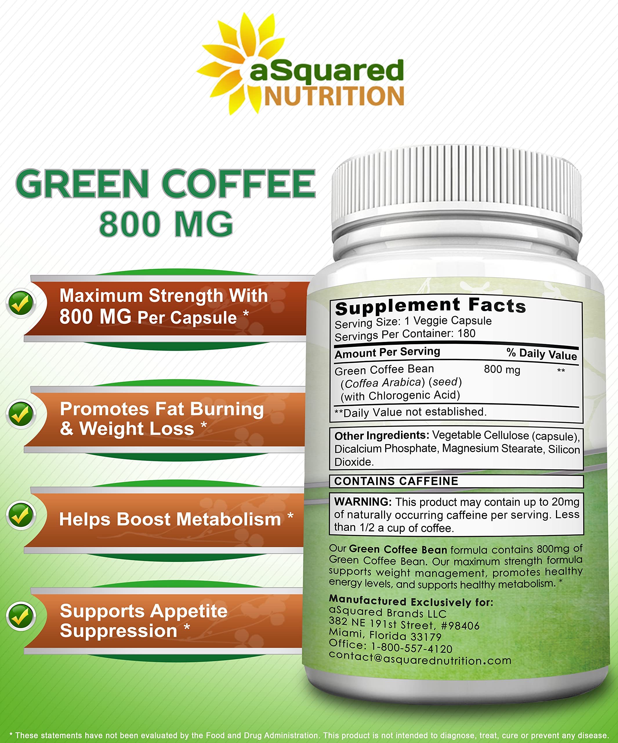 aSquared Nutrition Natural Green Coffee Bean Formula-180 Capsules-Max Strength GCA aSquared Nutrition Au supplements