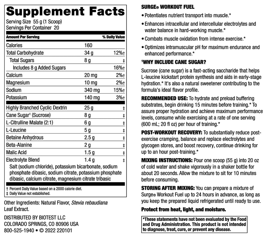 Biotest Surge Workout Nutrition - 25 g Highly Branched Cyclic Dextrin, 6.5 g Citrulline Biotest Au supplements