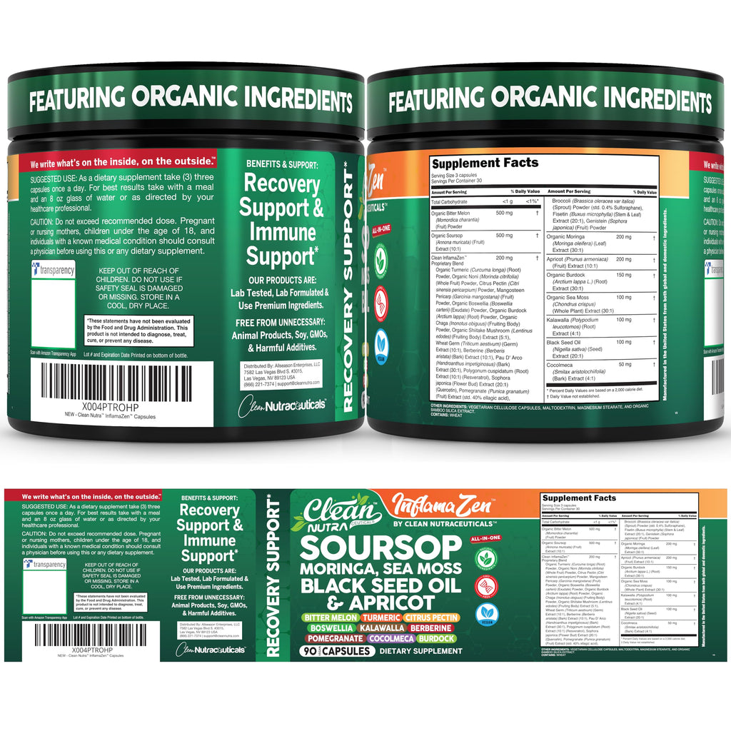 Clean Nutra Soursop Supplement Moringa Sea Moss Black Seed Oil Berberine Turmeric Resveratrol Quercetin Greens Bitters Boswellia Bitter
