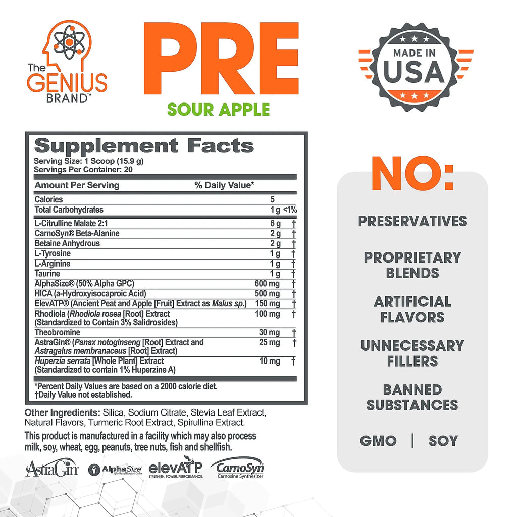 Genius Pre Workout Powder, Sour Apple, and Genius Micronized Creatine Monohydrate The Genius Brand Au supplements