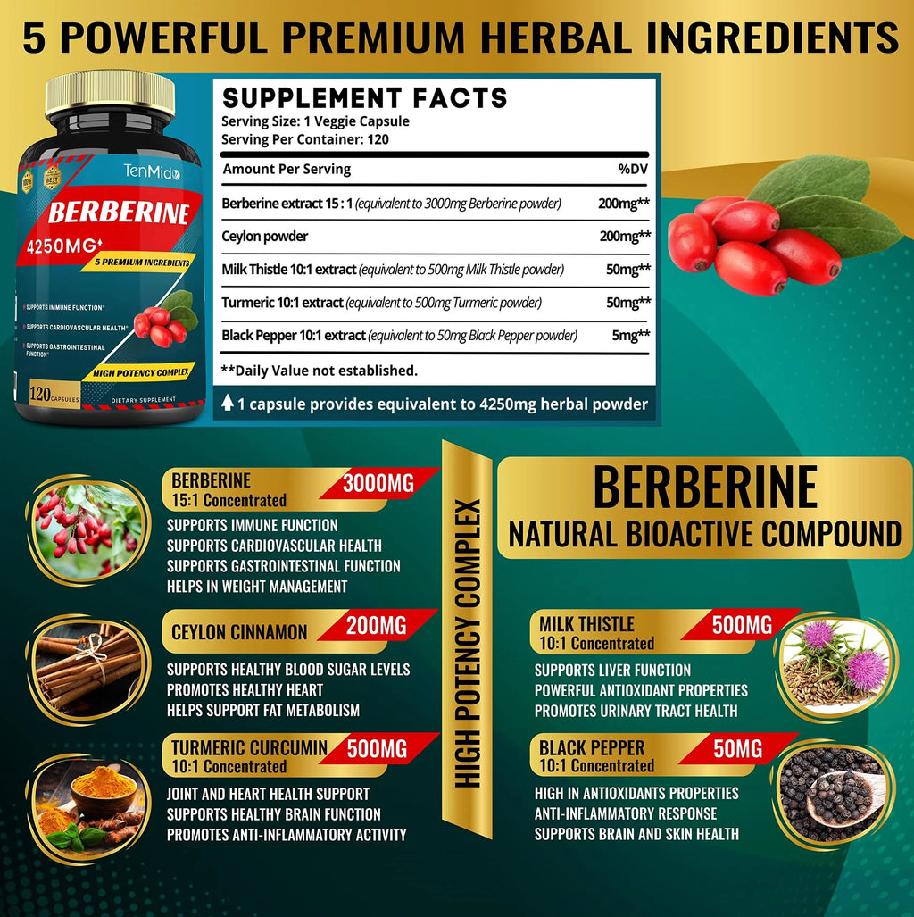 Berberine Extract Capsules 4250mg, 4 Months Supply & Ceylon, Milk Thistle, Turmeric Tenmido Au supplements