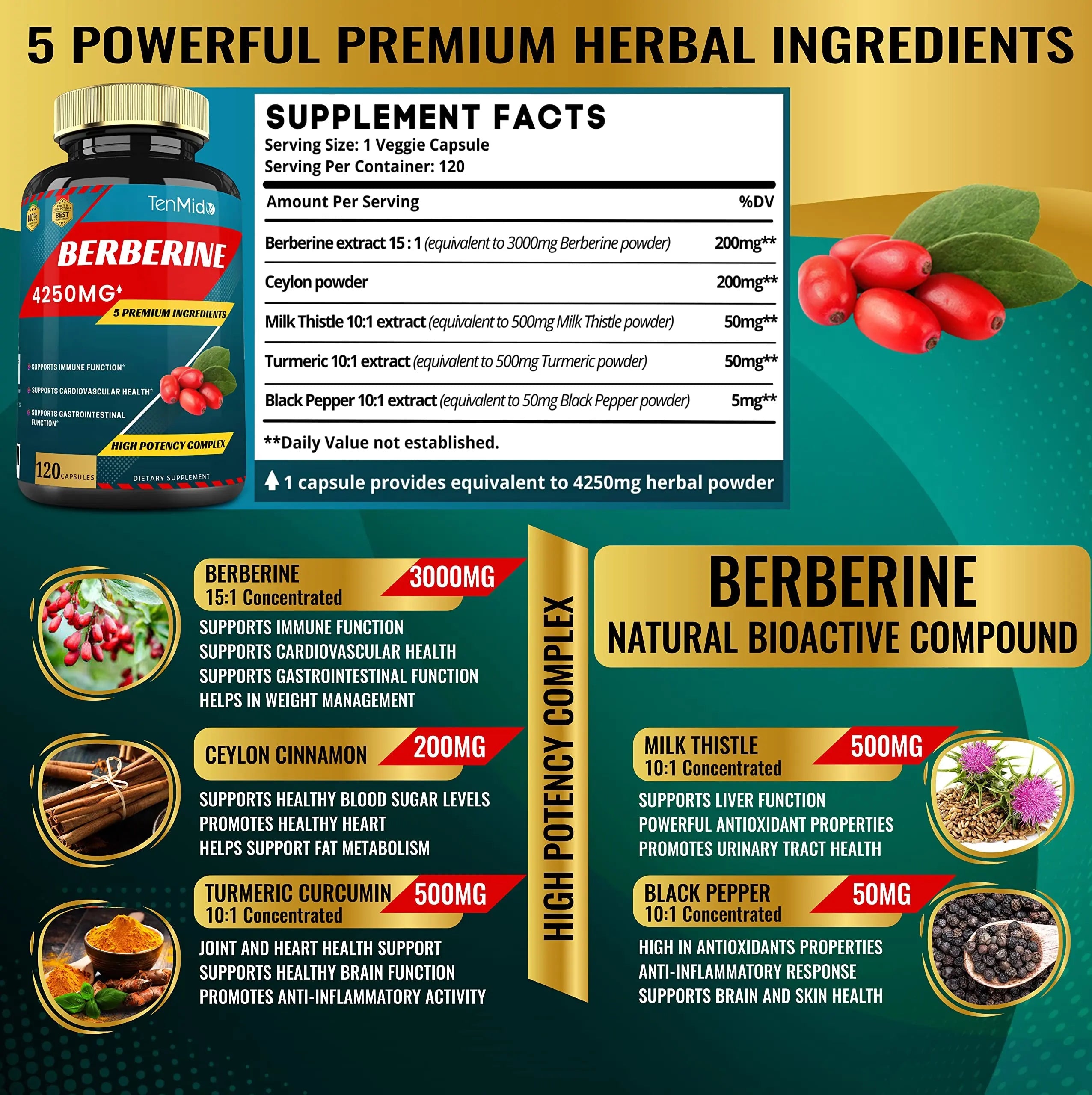 Berberine Extract Capsules 4250mg, 4 Months Supply & Ceylon, Milk Thistle, Turmeric Tenmido Au supplements
