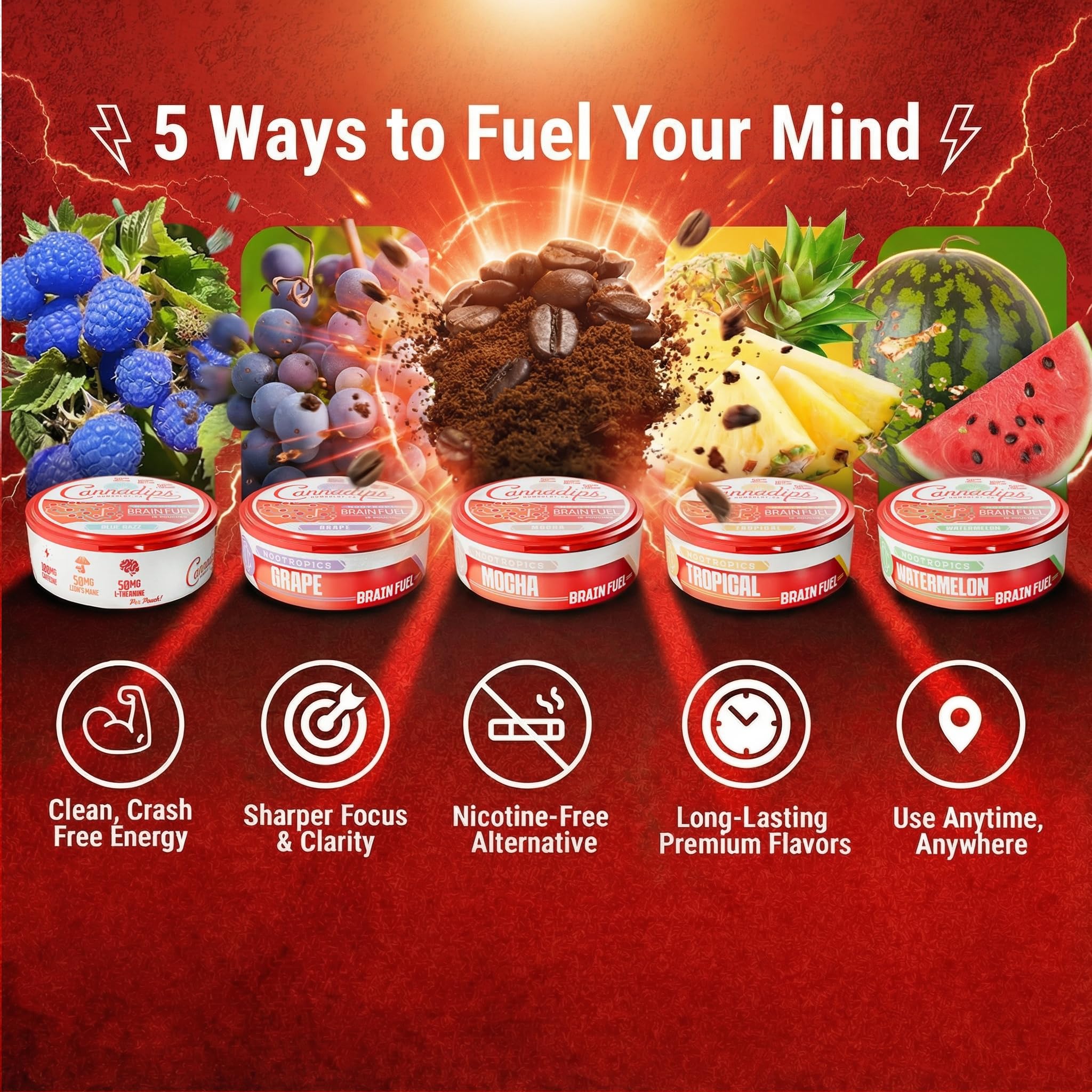 Cannadips - Brain Fuel Variety Pack - Nootropic Caffeine Pouches - 50mg Lion's Mane, 100mg Caffeine, 50mg L-Theanine, No Sugar - Clean Energy Brain Fuel for Cognitive Performance, Made in USA (5-PACK) Cannadips Au supplements
