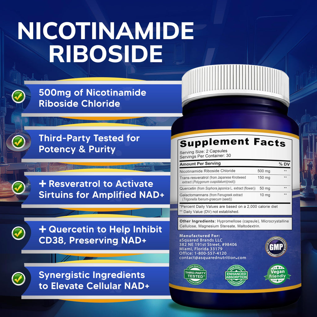 aSquared Nutrition NAD Resveratrol Supplement - NAD+ Nicotinamide Riboside 500mg (Vitamin B3) Plus Trans-Resveratrol & Quercetin - NMN Alternative for Men & Women - 60 Capsules aSquared Nutrition Au supplements