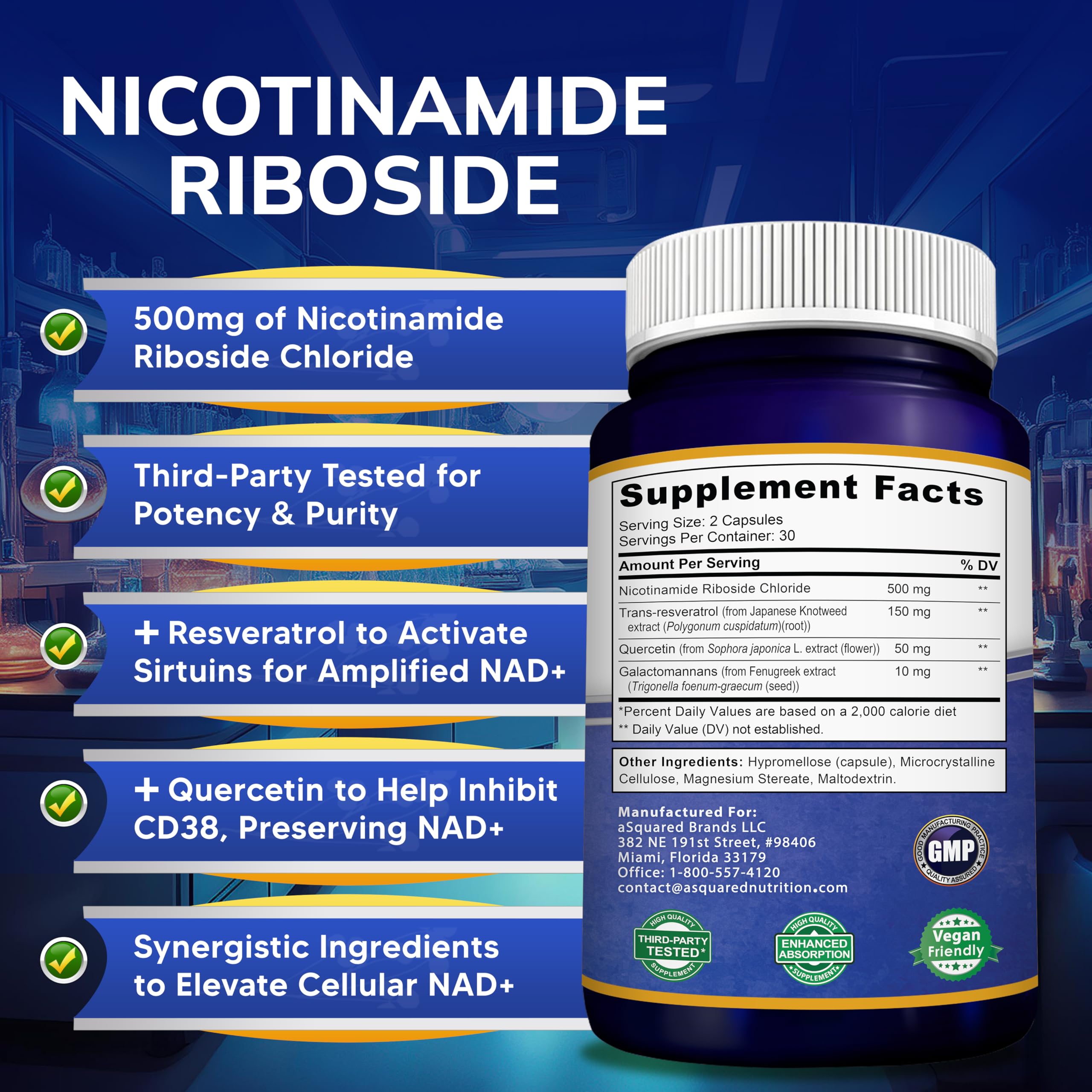 aSquared Nutrition NAD Resveratrol Supplement - NAD+ Nicotinamide Riboside 500mg (Vitamin B3) Plus Trans-Resveratrol & Quercetin - NMN Alternative for Men & Women - 60 Capsules aSquared Nutrition Au supplements