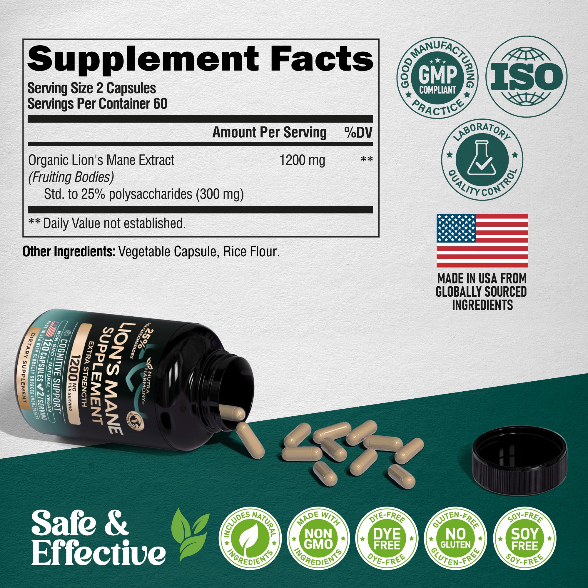 Lions Mane Supplement Capsules - Organic Lions Mane - Made in USA - Fruiting Bodies Extract - 1200 mg, 25% Polysaccharides - Memory & Focus Support