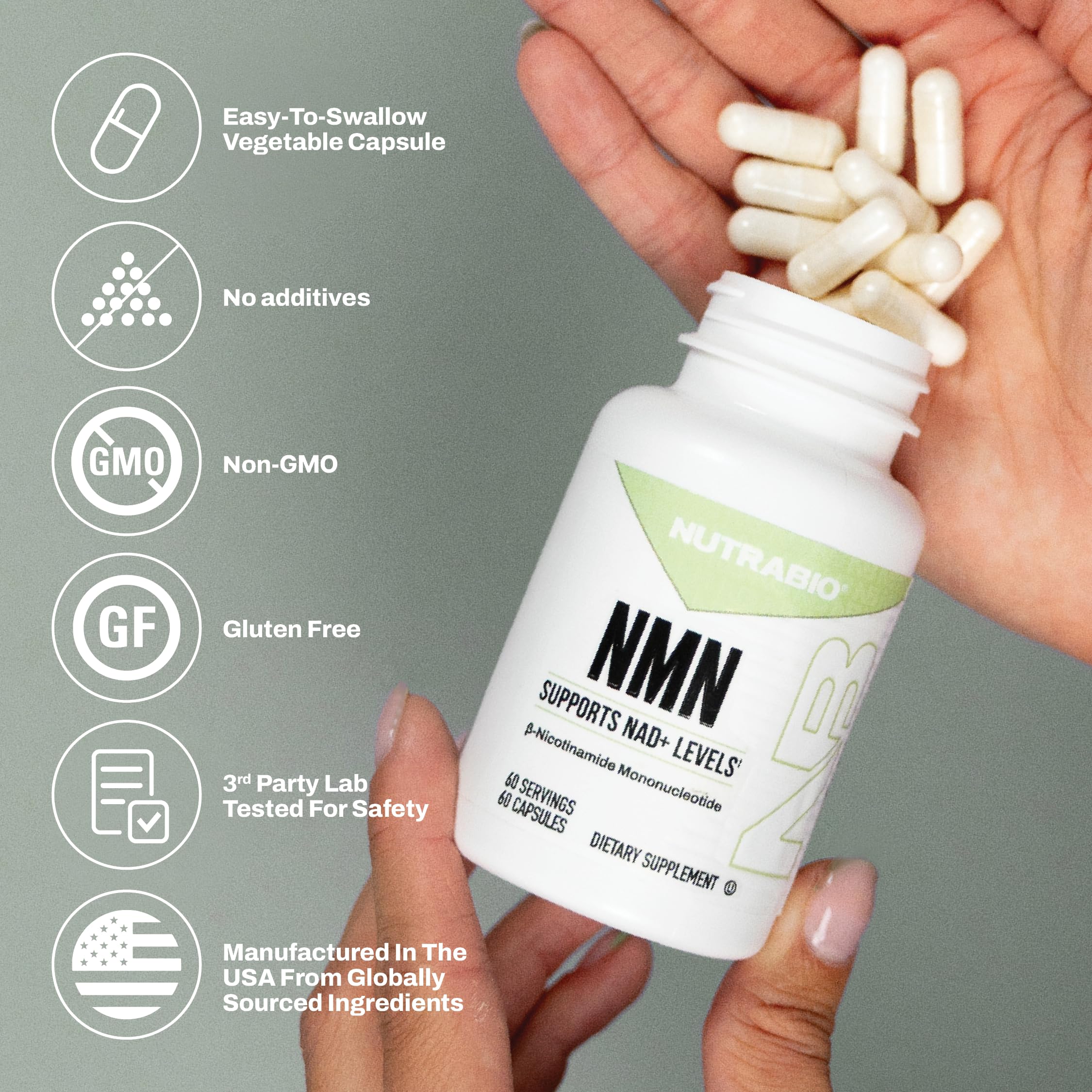 NutraBio NMN - NAD Supplement, Longevity Support, Boost NAD Levels, Increase Cellular Energy, Brain Health, Healthy Aging- 60 Servings- 60 Capsules NutraBio Au supplements