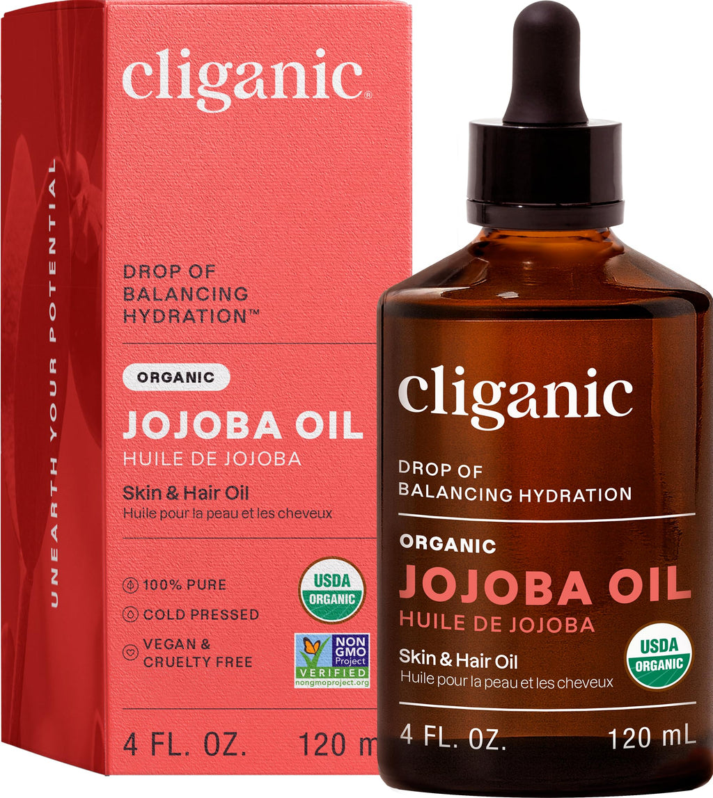 Cliganic Organic Jojoba Oil, 100% Pure (4oz) | Moisturizing for Face, Hair, Skin & Nails