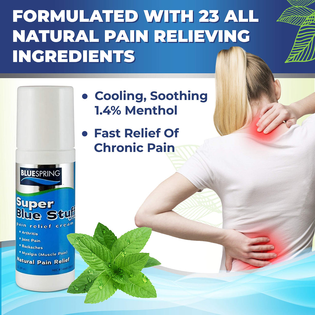 Super Blue Stuff Natural Pain Relief roll on with Emu Oil by BlueSpring- Pain relief rub Anti Inflammatory Analgesic Cream for Back, Knee, Joint, Muscle, Arthritis, and neck Pain Relief- 3 Oz roll-on. Emu Therapy Au supplements