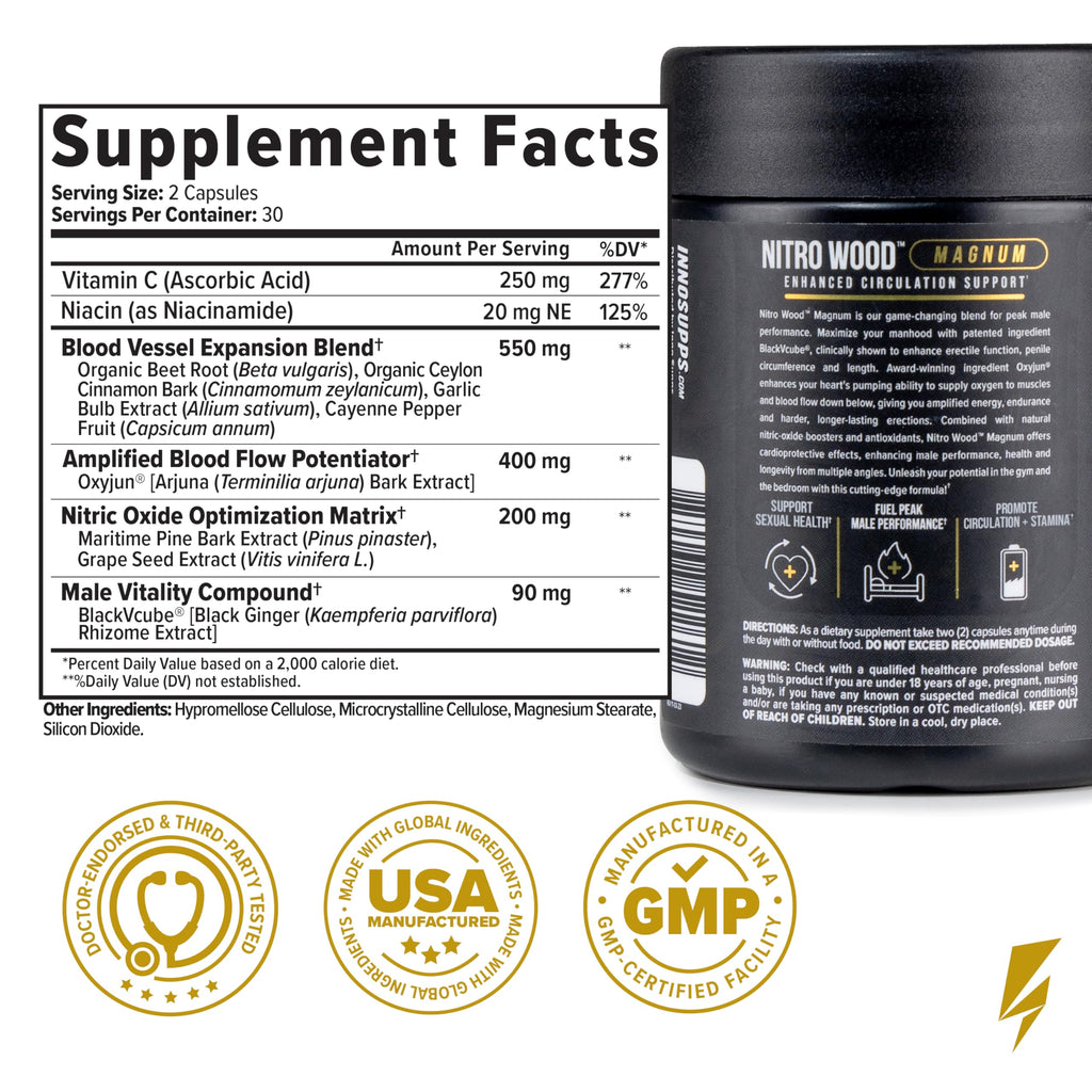 InnoSupps Nitro Wood Magnum – Nitric Oxide Booster for Men – Supports Blood Flow, Circulation & Male Performance – Stamina, Endurance & Size Support – 60 Veg Capsules