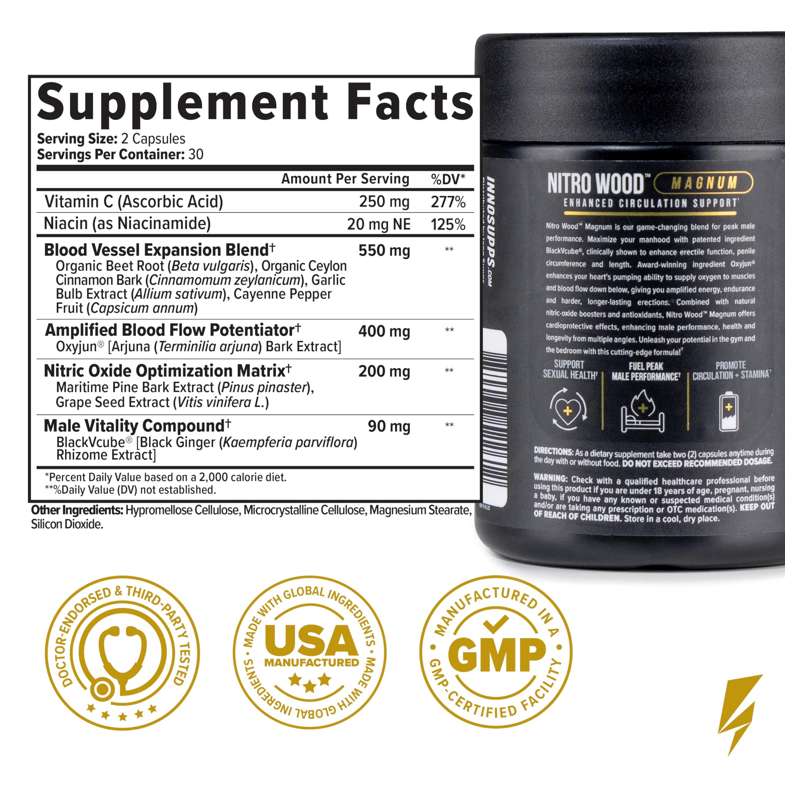 InnoSupps Nitro Wood Magnum – Nitric Oxide Booster for Men – Supports Blood Flow, Circulation & Male Performance – Stamina, Endurance & Size Support – 60 Veg Capsules