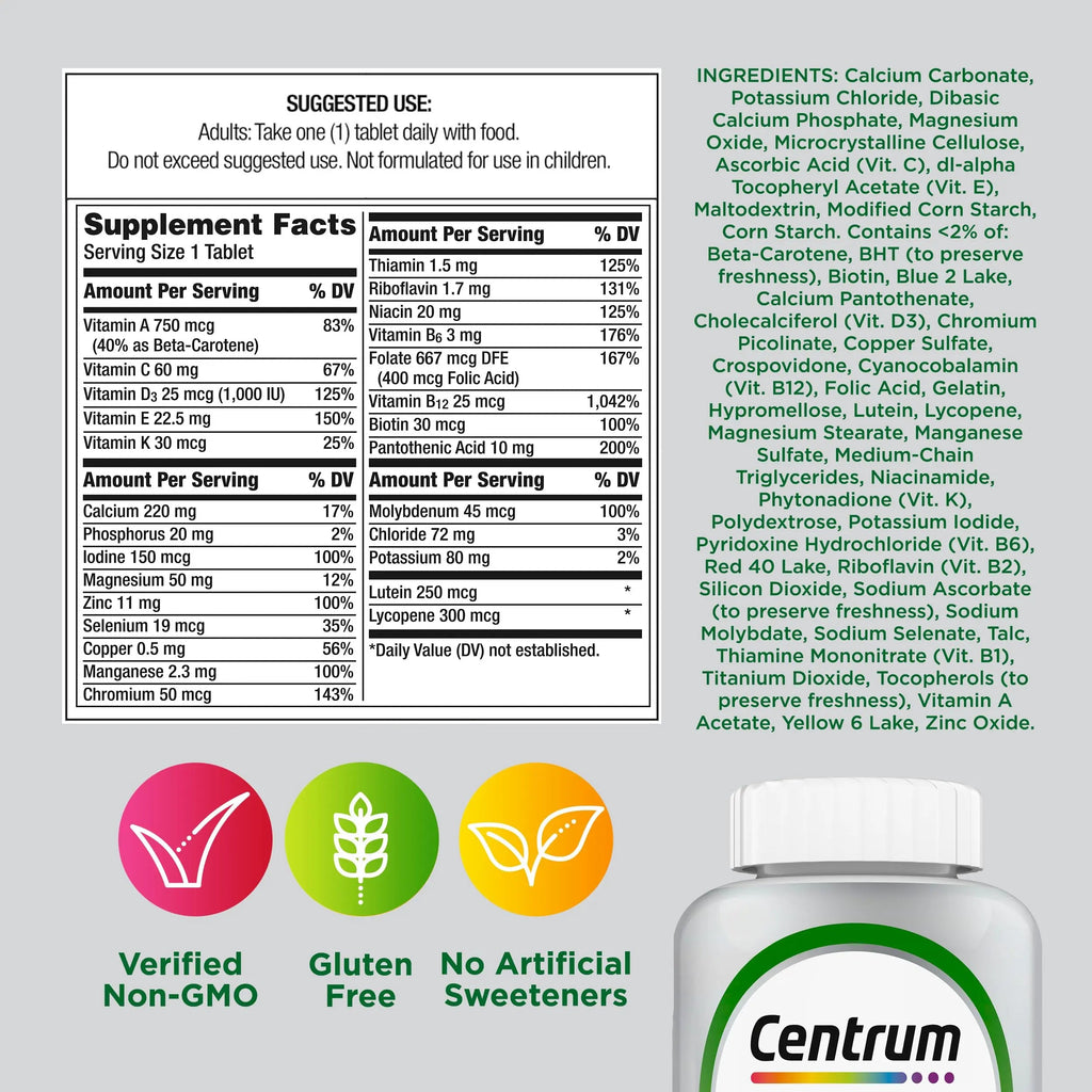 Centrum Silver Multivitamin for Adults 50 Plus, Multivitamin/Multimineral Supplement, Vitamin D3, B Vitamins, Gluten Free, Non-GMO Ingredients Centrum Au supplements