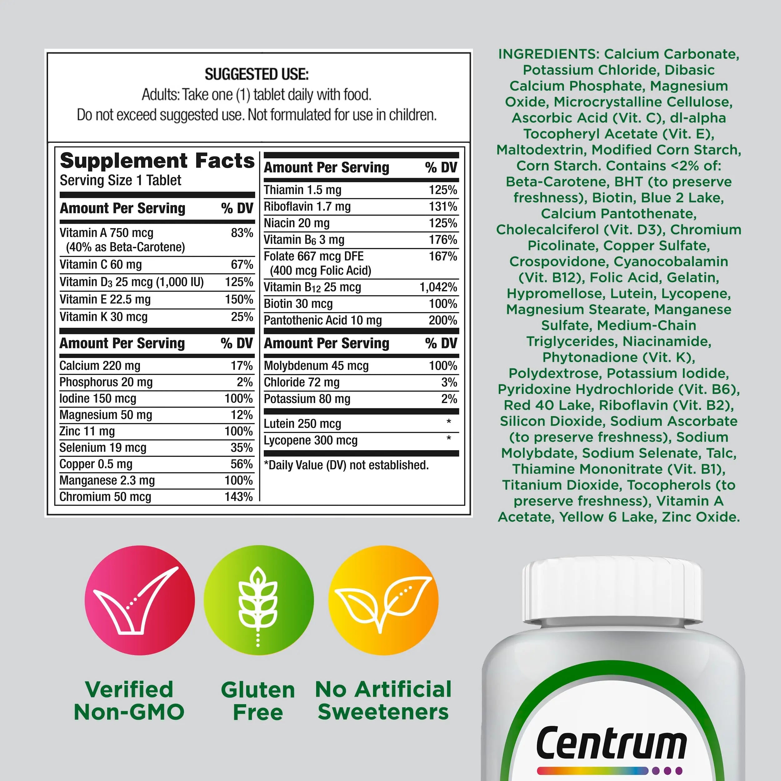 Centrum Silver Multivitamin for Adults 50 Plus, Multivitamin/Multimineral Supplement, Vitamin D3, B Vitamins, Gluten Free, Non-GMO Ingredients Centrum Au supplements