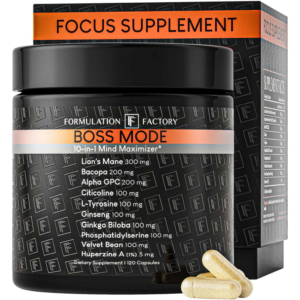 Formulation Factory BOSS Mode 10-in-1 Nootropic Complex with Lion's Mane, Alpha-GPC, Bacopa Monnieri, Ginkgo Biloba, Rhodiola,