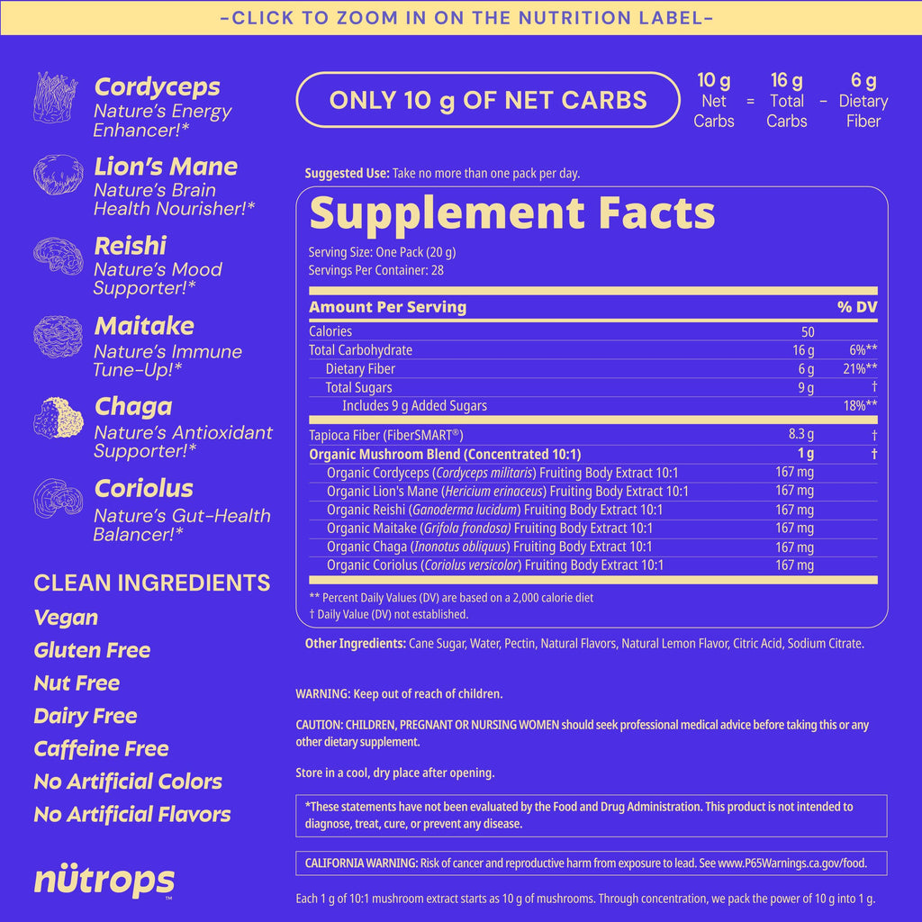 Nutrops Lions Mane Mushroom Gummies for adults, Functional Nootropics, Herbal Brain Supplement for Energy, Brain Health, Cognitive, Memory & Focus, Reishi, Chaga, Cordyceps, Coriolus, 28 daily Packs Grüns Au supplements
