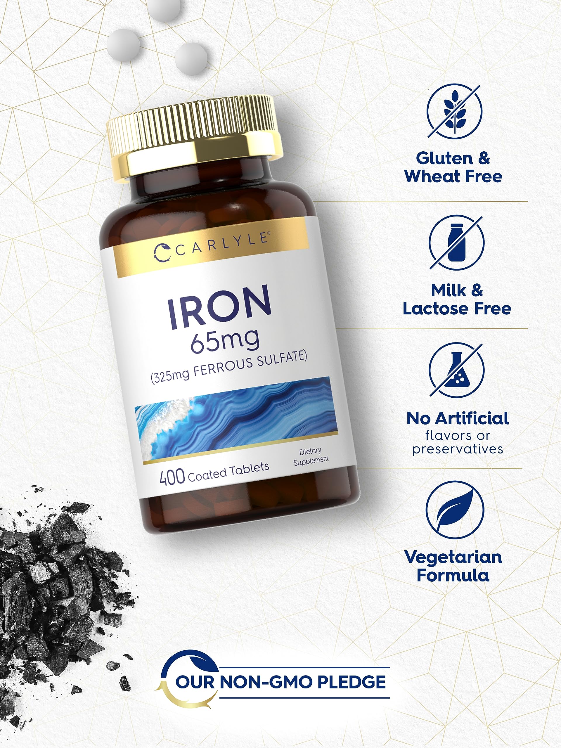 Carlyle Iron Ferrous Sulfate 325mg, 65 mg | 400 Tablets | Non-GMO, Gluten Free, and Vegetarian Supplement | High Potency