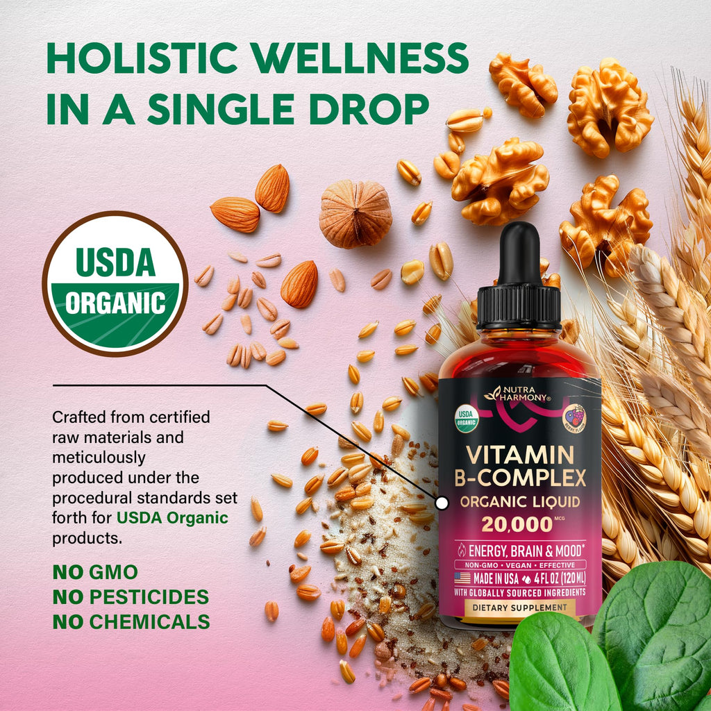 USDA Organic Vitamin B-Complex B5 Pantothenic Acid | B12 Methylcobalamin | B1 Thiamine | B6 Pyridoxine | B7 Biotin | B9 Folic | B3 Niacinamide