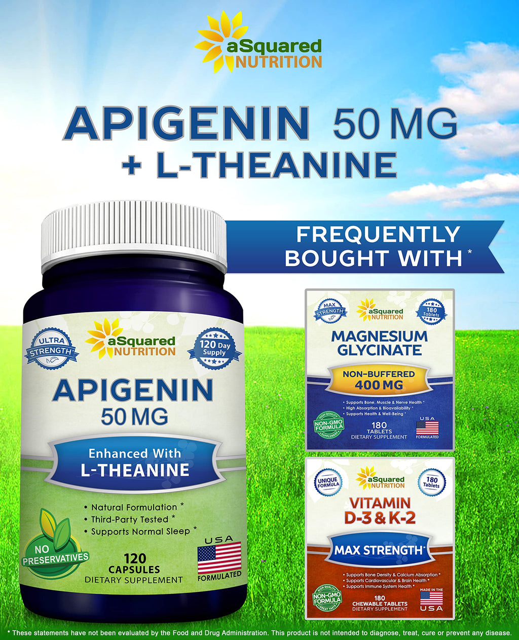 aSquared Nutrition Apigenin 50mg & L-Theanine 200mg - 120 Capsules - Apigenin Supplement Pills for Sleep and Relaxation