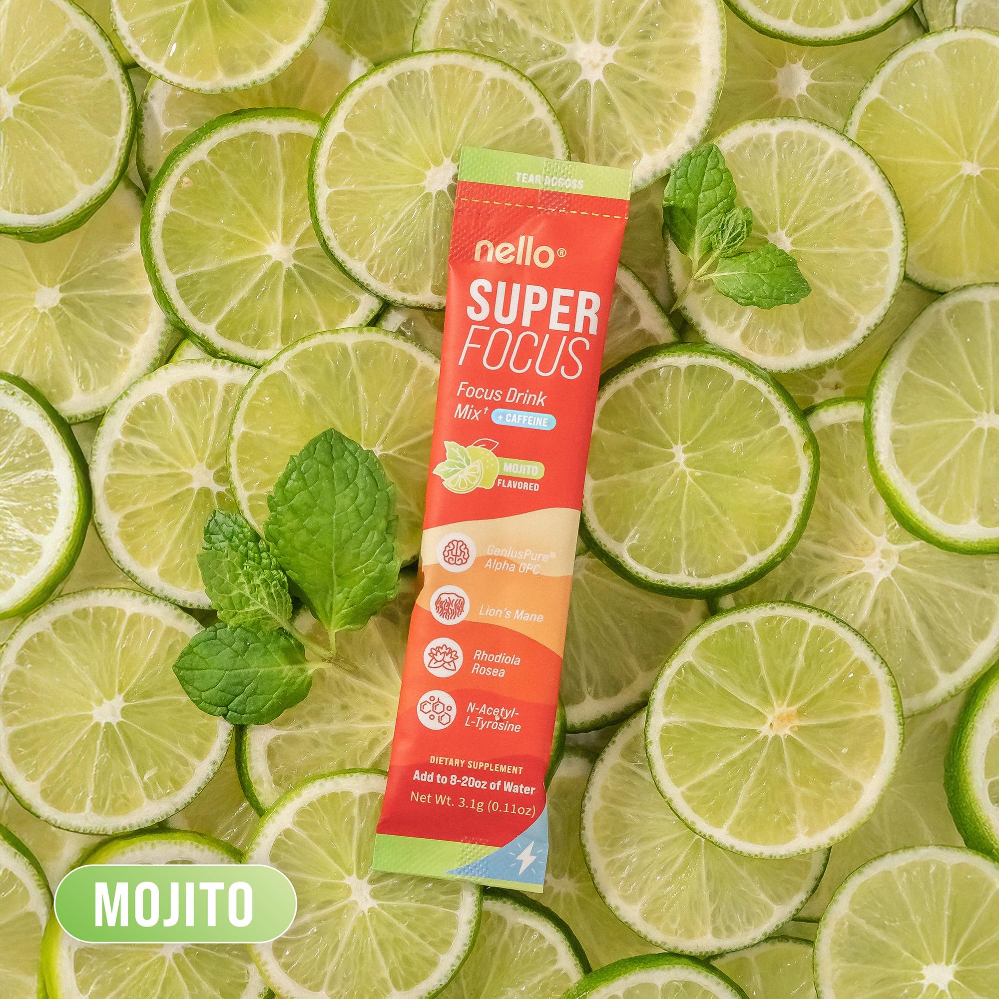 Nello Superfocus Mojito with Caffeine Nootropic Focus Drink Mix, 20 On-The-Go Packets, Alpha GPC, Lions Mane, Rhodiola, Sugar-Free Nello Au supplements