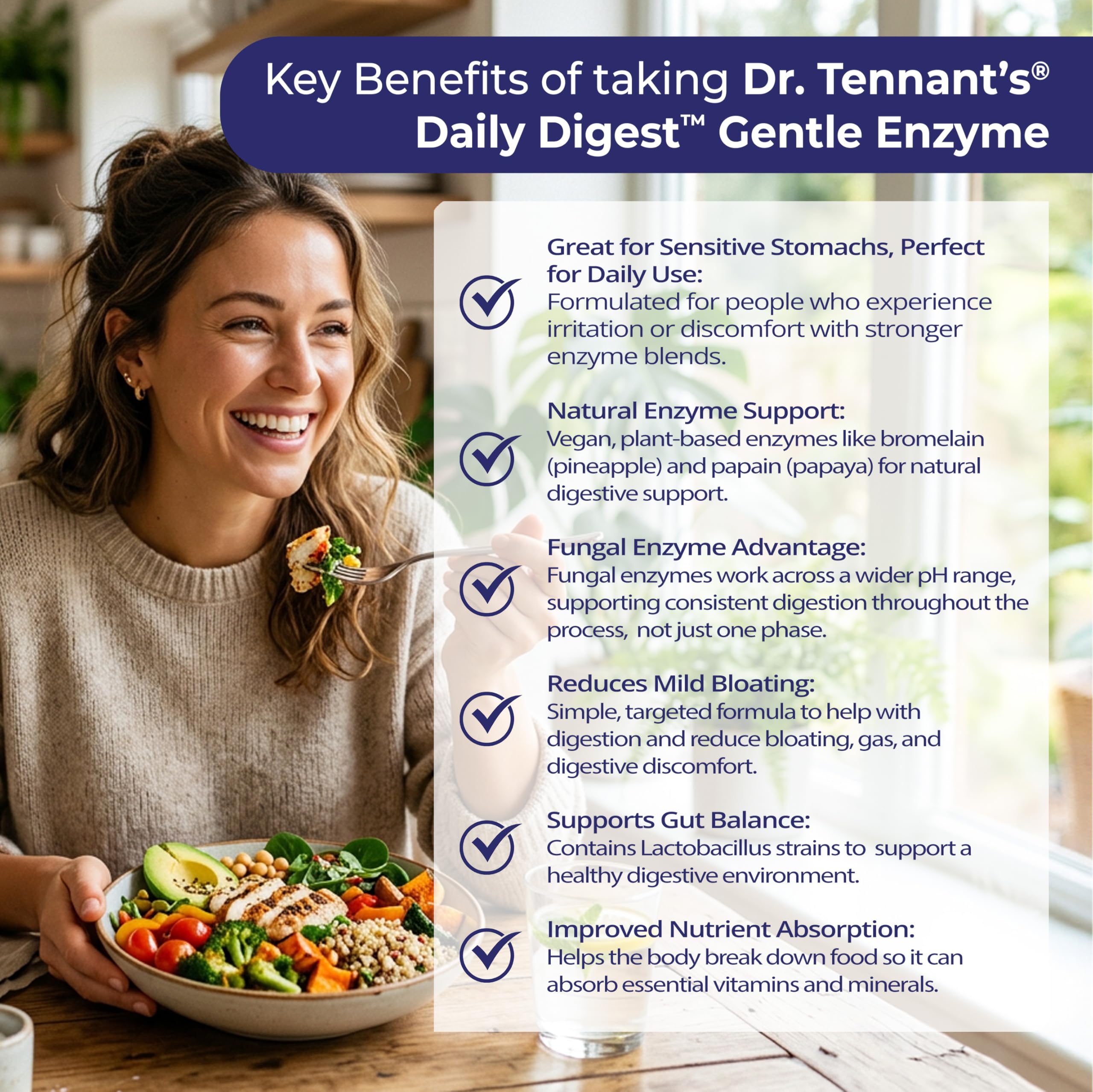 Dr. Tennant's Digestive Enzymes with Bromelain, Papain and Lipase - Bloating Relief and Gas Support for Sensitive Stomachs, Vegan, 27-Enzyme Blend,