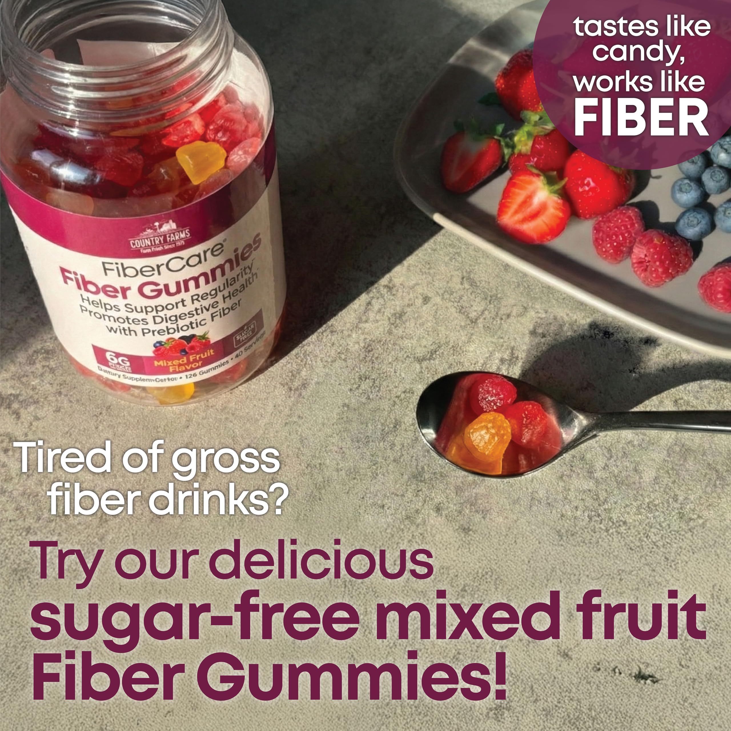 Country Farms Fiber Care Prebiotic Gummies, 6g of Fiber Per Serving, GLP-1 Booster, FOS from Beets, Digestive Health and Bloat, Supports Regularit