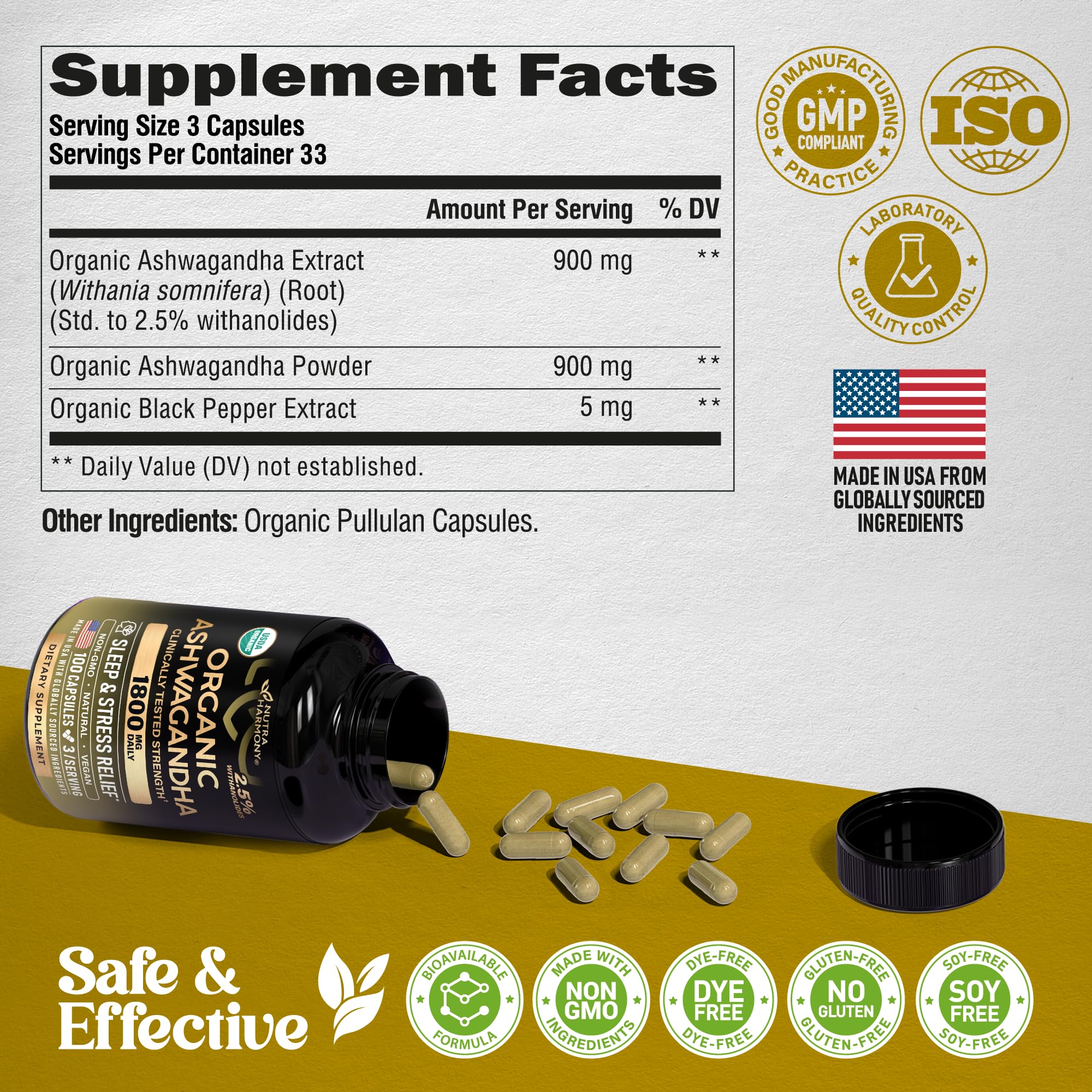 Ashwagandha Supplements 1800mg - USDA Organic Ashwagandha for Women & Men - Clinically Effective Strength for Stress Relief & Sleep - Powder & Root Extract 2.5% Withanolides - Made in USA 100 Capsules NUTRAHARMONY Au supplements