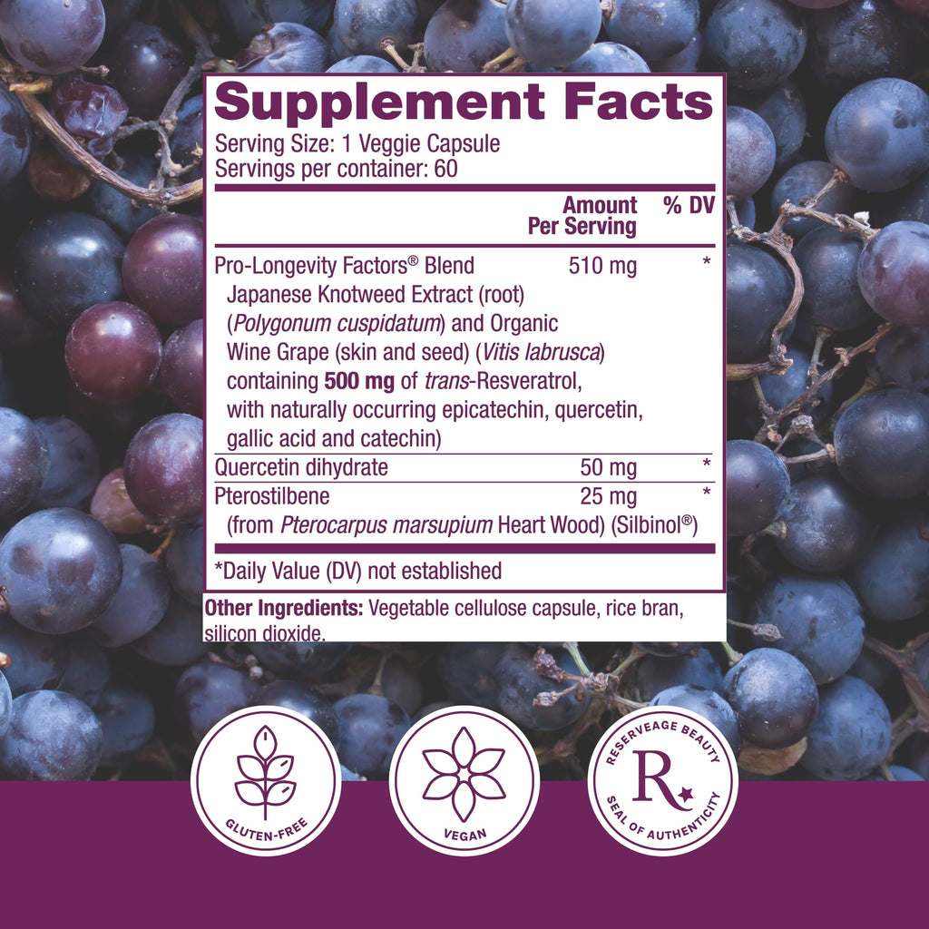 Reserveage Beauty, Resveratrol 500 mg with Pterostilbene, Antioxidant Supplement for Immune Support & Heart Health, Supports Healthy Aging