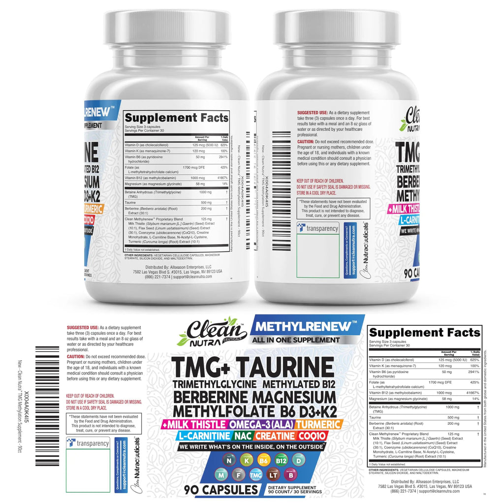 Clean Nutra TMG Supplements 1000mg | Methylated Multivitamin for Women Men | Taurine B6 Vitamins B12 D3 K2 Trimethylglycine Magnesium Clean Nutraceuticals Au supplements