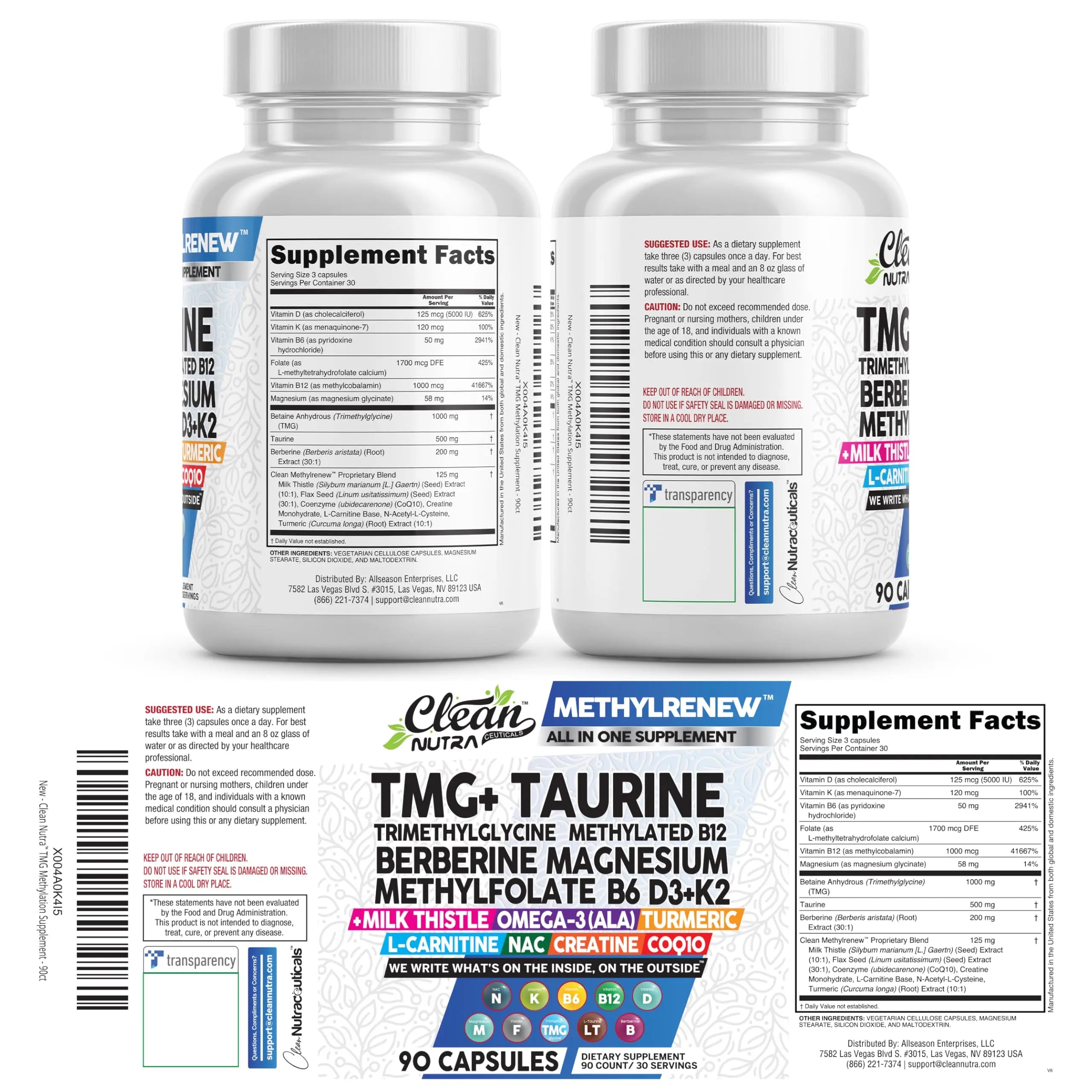 Clean Nutra TMG Supplements 1000mg | Methylated Multivitamin for Women Men | Taurine B6 Vitamins B12 D3 K2 Trimethylglycine Magnesium Clean Nutraceuticals Au supplements