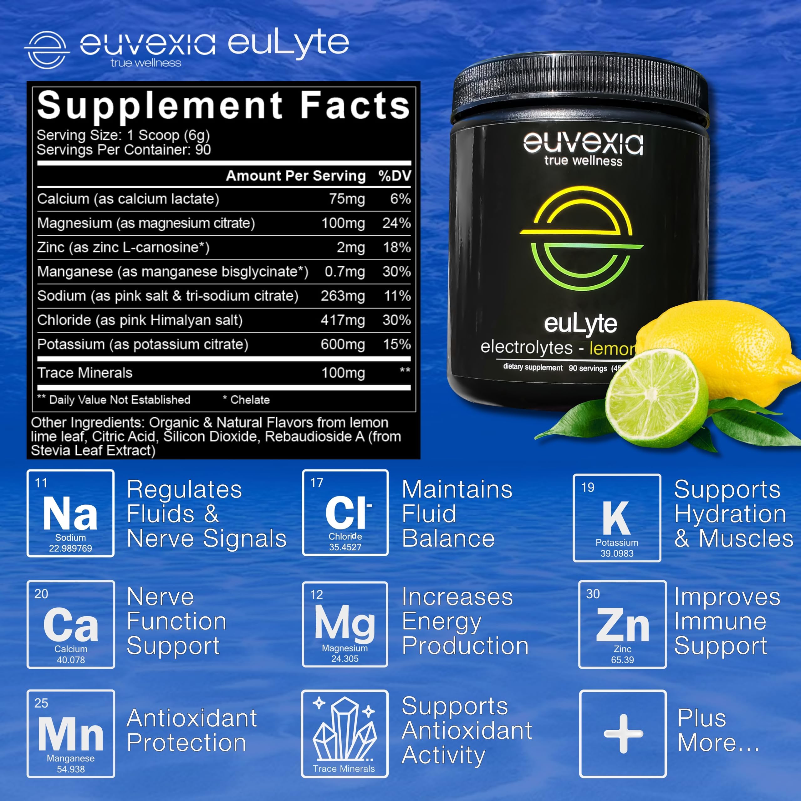 Dr Ekberg euLyte Instant Hydration Electrolytes Powder Zero Sugar Carb Calorie Lemon Lime Drink Mix • 80+ Minerals Magnesium Potassium Calcium Trace Minerals