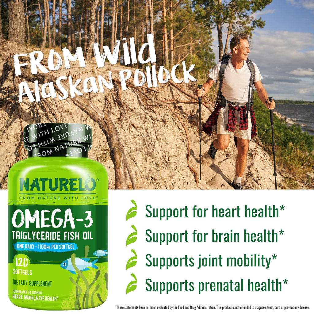 NATURELO Burpless Omega 3 Fish Oil Supplement - 1100mg Triglyceride Omega-3, EPA + DHA, Liquid Fish Oil for Heart, Eye, Brain, Joint Health