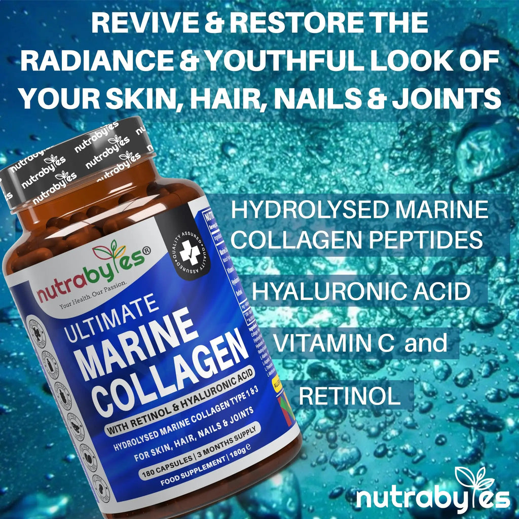 High Strength Marine Collagen with Hyaluronic Acid, Retinol and Vitamin C | 180 Capsules - 3 Months Supply NUTRABYTES Au supplements