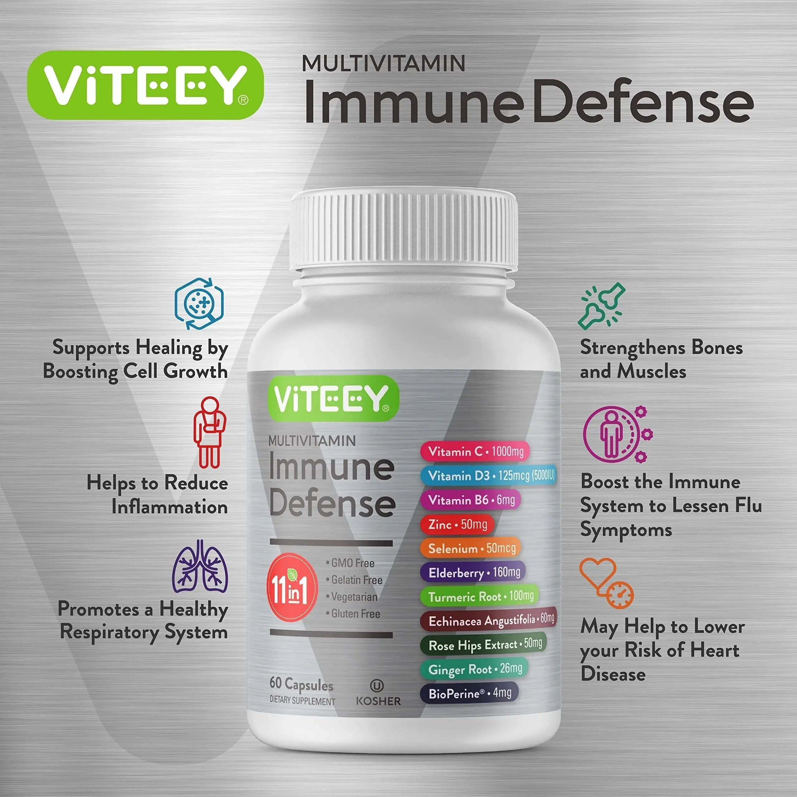 VITEEY 11 in 1 Immune Support Supplement - Immune Defense with Vitamin D3, B6, Echinacea, Turmeric, Rose-HIPS, Selenium Viteey Au supplements