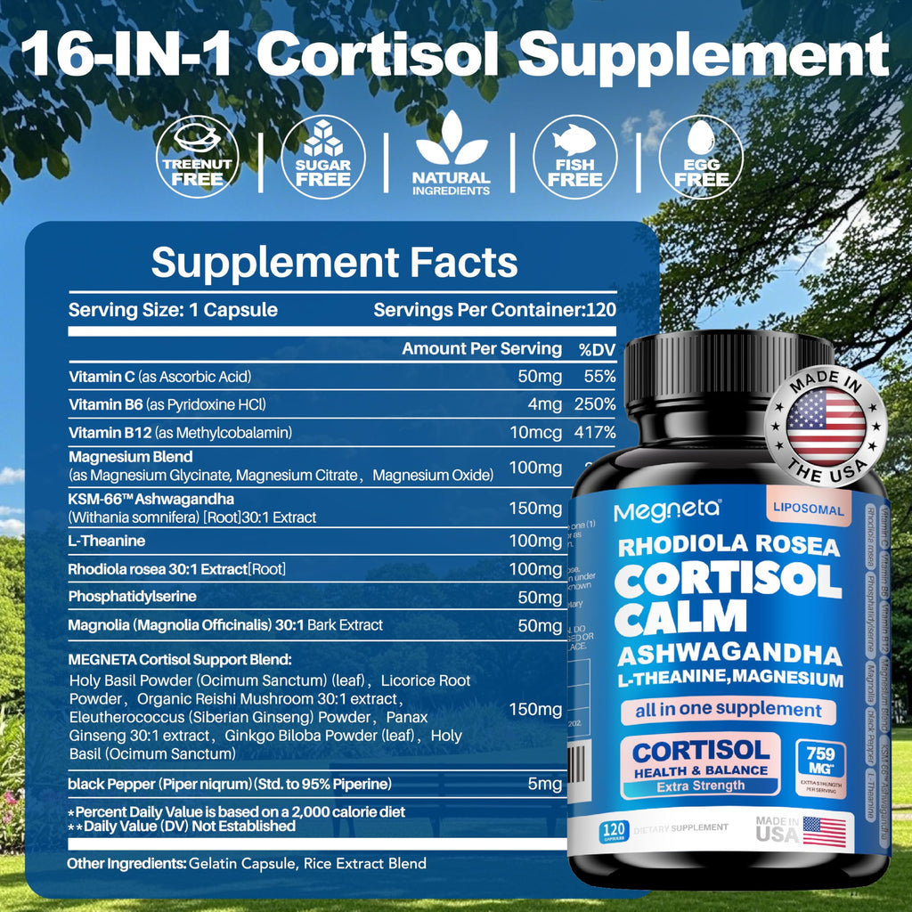 Cortisol Balance & Sleep Support for Women & Men – Natural Calm Formula with Magnesium, Ashwagandha & L-Theanine – Supports Restful Sleep, Relaxation, Focus & Healthy Cortisol Levels – 120 Capsules MEGNETA Au supplements